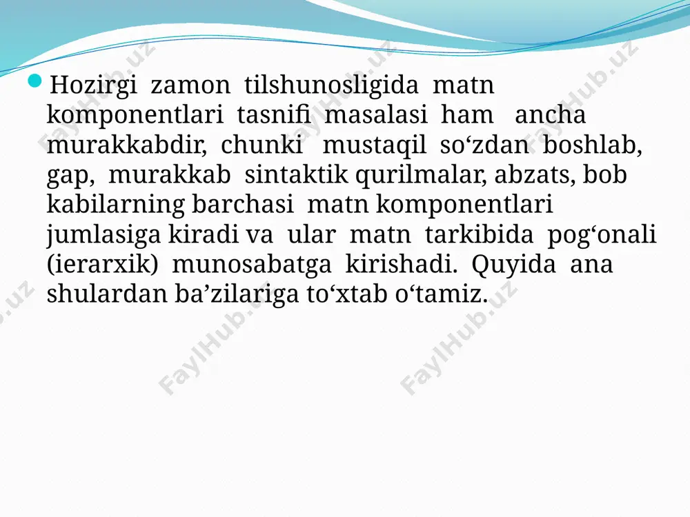 zats matn tarkibida, xususan, semantik jihatdan muhim mavqega egadir. buni matnda ifodalanayotgan umumiy xabarning qismlarga bo‘lib berilishida yanada aniqroq ko‘rish mumkin: nizomjon birdan lohas bo‘lib yana yostiqqa bosh qo‘ydi. badani go‘yo kuyib ketgandek bo‘ldi. bu odamlarga ortiqcha tashvish bo‘ldi-ku, endi ko‘rmagani shu qoldimi? ko‘zi ilinib uyquga ketdi. jannat xola uning ustiga ikromjonning to‘nini yopib yostig‘ini tuzatdi. nizomjon g‘arq terga pishgan, chakkalaridan marjon marjon ter qo‘yyapti (said ahmad. ufq). mayn so‘z bilan ifodalanganda: matn bir so‘z bilan ifodalangan bovlsa, unda til birliklarining pog‘onali munosabati fonema, morfema va so‘zlar misolida kuzatiladi. masalan, kitobxonlarga so‘z bilan ifodalangan matn komponentlarining pog‘onali munosabatiga e’tibor beraylik. bunda 13 fonema ishlatilgan bo‘lib, ularning har biri o‘zlariga tegishli morfema tarkibida faollashmoqda: kitob +xon+lar+ga. matn so‘z birikmasi bilan ifodalangada: matn so‘z birikmasi bilan ifodalangan bo‘lganda ham pog‘onali munosabat yuqorida eslatib o‘tilgan morfemalar misolida bo‘ladi, zotan, so‘z birikmasi nominativ birlikni taqozo etadi. agar so‘z birikmasini gapning sathida o‘rganadigan bo‘lsak, pog‘onali …