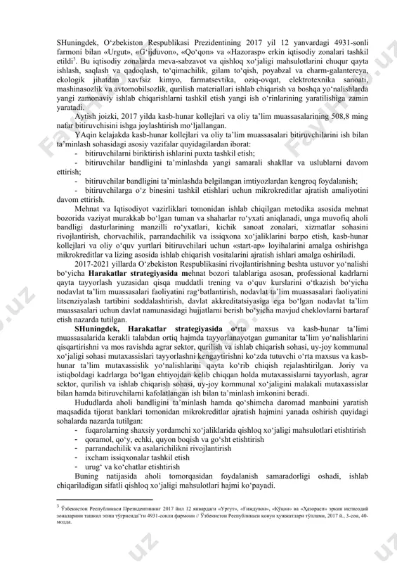kning yuqoriroq darajasi kuzatiladi. yuritimizda yiliga 1,5 million odamni ishga joylashtirishga ehtiyoj bo‘lsa-da, o‘tgan yili bandlikka ko‘maklashish markazlari atigi 248 ming kishini yoki 16,5 foizini ishga joylashtirgan. buning asosiy sabablari ish faoliyatidagi eskirgan shakl va usullar hamda bandlik muammolarini hal etishdagi rasmiyatchilik bilan bog‘liq[footnoteref:3]. [3: мирзиёев ш.м. танқидий таҳлил, қатъий тартиб-интизом ва шахсий жавобгарлик – ҳар бир раҳбар фаолиятининг кундалик қоидаси бўлиши керак // халқ сўзи газетаси. 2017 йил 16 январь, №11 (6705)] bunday holat bandlikka ko‘maklashishning faol siyosat choralarini amalga oshirish, ya’ni ish o‘rinlarini yaratish, avvalo yoshlarni va ijtimoiy himoyaga muhtoj aholi toifalarini ish bilan ta’minlash, tadbirkorlik faolligini rag‘batlantirish chorasini ko‘rishga zaruriyatni keltirib chiqaradi. o‘zbekistonda fuqarolarning mehnat va tadbirkorlik tashabbuslarini qo‘llab-quvvatlash va rag‘batlantirish, ish bilan ta’minlanish sohasida ijtimoiy kafolatlar berish va aholini ishsizlikdan himoya qilishni ta’minlash kabi aholini ish bilan ta’minlash borasida izchil davlat siyosati amalga oshirib kelinmoqda. yuqoridagi vazifalarni hayotga samarali joriy qilish maqsadida har yili o‘zbekiston respublikasi …