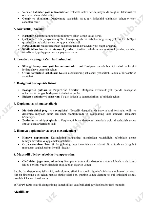 hun ishlatiladi. · dastgohda barcha harakatlar elektr, pnevmatik yoki gidravlik tizimlar orqali boshqariladi, bu operatorga tez va aniq ishlash imkonini beradi. 16k20f3 rdb tokarlik dastgohini samarali va xavfsiz ishlatish uchun kerakli jihozlar va asboblar quyidagilar bo'lishi mumkin: 1. kesish asboblari: · tokarlik kesish asboblari (kesish frezalar, qirqish asboblari, burg'ulash asboblari): metallni shakllantirish va kerakli o‘lchamda kesish uchun turli asboblar kerak bo‘ladi. kesish asboblari materialga qarab tanlanadi (masalan, po‘lat, alyuminiy, temir va boshqalar). · kesish plitalari: dastgohda ishlatiladigan kesish plitalari o‘zgartiriladigan va yangi shakllarga kesilishi kerak bo‘lgan materiallar uchun mo'ljallangan. 2. chuqurlik o'lchash va sozlash asboblari: · vernier kalibrlar yoki mikrometrlar: tokarlik ishlov berish jarayonida aniqlikni tekshirish va o‘lchash uchun ishlatiladi. · gengir va shkalalar: dastgohning sozlanishi va to‘g‘ri ishlashini ta'minlash uchun o‘lchov asboblari zarur. 3. xavfsizlik jihozlari: · kaskalar: operatorlarning boshini himoya qilish uchun kaska kerak. · qo‘lqoplar: ish jarayonida qo‘lni himoya qilish va asboblarning issiq yoki o‘tkir bo‘lgan qismlaridan …