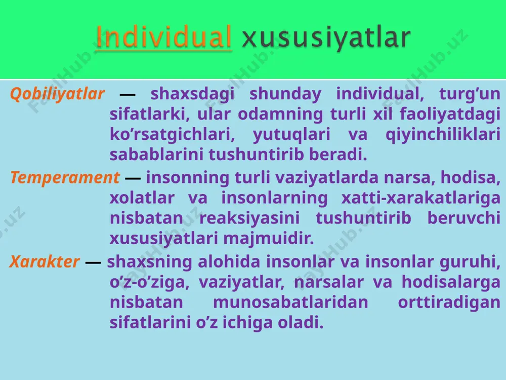 yoningizga sizning bosh kiyimmingiz bor, sizning yoningizga bir kishi kelib, bosh kiyiminingizga o`tirdi! sizning munasabatingiz??? * tiplar va temperament xususiyatlarini o‘rganish metodikalari mavzusini yoritishda quyidagi klaster tuziladi тemperament temperament tiplari temperament nazariyalari tiplarning qiyosiy tahlili теmperamentning psixofiziologik nazariyasi (v.s.меrlin, b.m.teplov) pavlov nazariyasi ibn sino gippokrat nazariyasi sigo bo‘yicha krechmer bo‘yicha sheldon bo‘yicha sterelyau bo‘yicha flegmatik xolerik sangvinik psixik faoliyatlar dinamikligi ма’lum psixik dinamikligi ta’rifi mustahkam va doimiy harakat uzoq vaqt rivojlanish qonuniylashgan holda temperament tipi ta’rifi asab sistamasi tiplarini hisobga olish melanxolik характер-ўзи нима? характер-ўзи нима? «xarakter» yunoncha «xaraktir» degan so’zdan olingan bo’lib, «qalqiq chiziq» ma’nosini anglatadi. bu yerda tanga, chaqa yuziga tushirilgan bo’rtma tamg’a ko’zda tutiladi. shaxs xulqining tipik usullar bilan bog’liq faoliyat muomala va munosabatda namoyon bo’luvchi, mujassamlanuvchi uning barqaror xususiyatlari majmuasi xarakter deyiladi. shaxsning jamiyatga nisbatan munosabatlari uning asosiy belgisi hisoblanadi. xarakter deganda mazkur shaxs uchun tipik hisoblangan, faoliyat usullarida namoyon bo’ladigan, shaxsning turli sharoitlarga munosabati bilan …