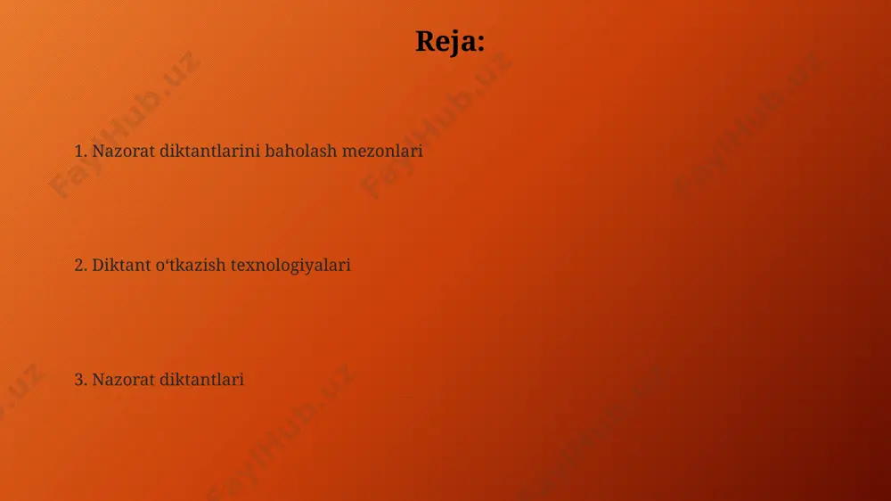 'llanishi (masalan, fe'l zamonlarining mos kelmasligi, olmoshlarning noto'g'ri ishlatilishi) holatlarining 10% dan ortig'i aniqlansa, matnning lug'aviy boyligi va grammatik to'g'riligi past deb baholanadi. grammatik xatolarni tahlil qilishda, jumlaning tuzilishiga oid 5 tadan ortiq xato aniqlansa, matnning umumiy grammatik saviyasi past deb baholanadi va 2 balldan kam baho qo'yiladi. diktant matnini tanlash mezonlari diktant matnini tanlashda 5-7 ta grammatik tuzilmaning (masalan, fe'lning turli zamonlari, sifatlarning boshqaruvi, otlarning kelishiklari) mavjudligini va ularning oqilona taqsimlanishini nazarda tutish zarur. matning mavzusining qiziqarli va tushunarli bo'lishi, o'quvchilar uchun yangi leksika birliklari soni 20% dan oshmasligi diktant matnini tanlashdagi muhim mezonlardandir. diktant matnini tanlashda uning hajmi (100-150 so'z) va leksik-grammatik qiyinchiligi o'quvchilarning yosh va bilim darajasiga mos kelishi muhim, bunda so'zlarning takrorlanishi minimal bo'lishi kerak. soʻzlarning toʻgʻri yozilishi boʻyicha xatolarni tahlil qilish soʻzlarning toʻgʻri yozilishi boʻyicha xatolarni tahlil qilishda, 100 ta soʻzdan iborat diktantda oʻrtacha 5-7 ta xato kuzatilsa, bu oʻquvchining imlo koʻnikmalarining yetarli darajada rivojlanmaganligini …