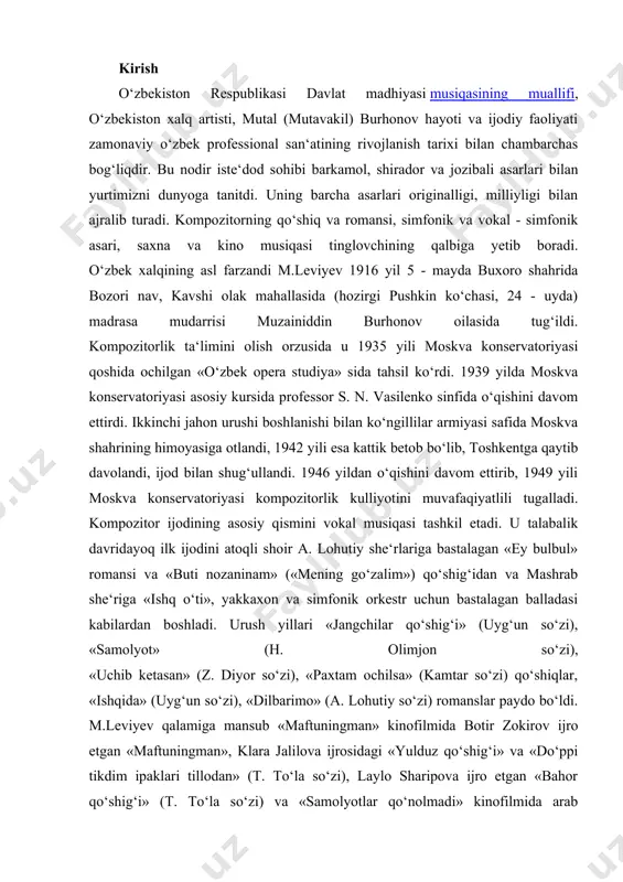 » (h. olimjon so‘zi), «uchib ketasan» (z. diyor so‘zi), «paxtam ochilsa» (kamtar so‘zi) qo‘shiqlar, «ishqida» (uyg‘un so‘zi), «dilbarimo» (a. lohutiy so‘zi) romanslar paydo bo‘ldi. m.leviyev qalamiga mansub «maftuningman» kinofilmida botir zokirov ijro etgan «maftuningman», klara jalilova ijrosidagi «yulduz qo‘shig‘i» va «do‘ppi tikdim ipaklari tillodan» (t. to‘la so‘zi), laylo sharipova ijro etgan «bahor qo‘shig‘i» (t. to‘la so‘zi) va «samolyotlar qo‘nolmadi» kinofilmida arab ayolining qo‘shig‘i, yunus to‘rayev ijrosidagi «gul diyorim» (e. vohidov so‘zi) va «go‘zal nukus shahrim» (i. yusupov so‘zi), tamaraxonim ijro etgan «go‘zal farg‘ona» (a. bobojon so‘zi), «uyg‘ur qiziga» (mamatoxunova so‘zi), «vatan qo‘shig‘i» (g‘. g‘ulom so‘zi), «yorim bor» (mirtemir so‘zi), «go‘zal o‘zbekiston» (shuhrat so‘zi), «boy ila xizmatchi» kinofilmidan gulbahor allasi kabi ajoyib qo‘shiqlar keng kanot yozdi. m.leviyev vokal - simfonik janrlarda ham barakali ijod qildi. 1949 yilda yakkaxon, xor va simfonik orkestr uchun «gullagay o‘zbekiston» kantatasi, «bahor qushlari» (s. umariy so‘zi) vokal - simfonik poemasi, «oq oltin» (i. yusupov so‘zi) vals …