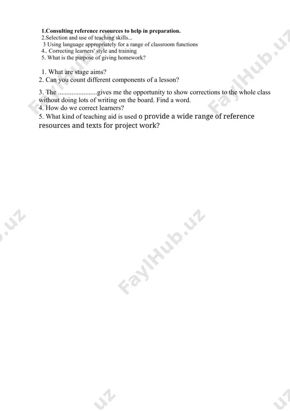 using supplementary materials in teaching and learning. 73. a bilingual dictionary can help teachers to … . 74. if a practice exercise in the coursebook is too short, i often … . 75. what can you say about interactive patterns? 76. what is planning an individual lesson and sequence of lessons? 77. what is the purpose of organizing an assessment? 78 summary writing is an objective assessment activity. is it true or false? explain your choice. 79if a reading text includes out-of-date information, i often … . 80. what is the purpose of giving homework? 81. can you count different components of a lesson? 82. what kind of resources can be included in coursebook materials? 83. “it really makes students focus on what the most important information is in a text and how to express it clearly”. what activity is this? 84. if there isn’t enough listening practice in the …