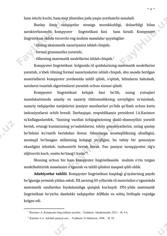 srning o‘rtalarida vujudga keldi. bu narsa birinchi navbatda mashina tarjimasi bilan aloqadordir. 1954-yilda aqshda ibm – 701 rusumli tarjima qurilmasi yaratildi va bu qurilma 250 ta so‘zdan iborat 60 ga yaqin ruscha gaplarni ingliz tiliga tarjima qilish jarayonini amalga oshirdi. bu ishga p.gavren, l.dostert, p.sheridanlar ishtirok etdilar. 1955- yilga kelib sobiq ittifoqda besm rusumli mashina qurilmasi yordamida inglizcha gaplarni rus tiliga tarjima qilish jarayoni amalga oshirildi (i.k.belskaya, l.n.korolev, s.n.razumovskiy kabilar). shundan keyin jahonning angliya, fransiya, avstriya kabi ko‘pgina mamlakatlarida olimlar mashina tarjimasi muammolari bilan maxsus shug‘ullana boshladilar. natijada tilshunos olimlar ma’lum bir tilni tipologik jihatdan tasniflash, uning materiallarini analis va sintez qilish, mashina tiliga o‘tkazish bilan shug‘ullandilar va muayan natijalarga erishdilar. bunday muammolarni lingvistik tadqiqotlarni avtomatlashtirish orqali hal etish mumkin. bu masalaga doir tilshunoslarning maxsus ilmiy anjumanlari o‘tkazilgan. masalan, 1962-yilda kembridj shahrida jahon tilshunoslarining ix-kongressi o‘tkazildi. bu anjumanda struktural tilshunoslik va matematik lingvistika muammolarini muhokama qilishga alohida o‘rin ajratilgan edi. …