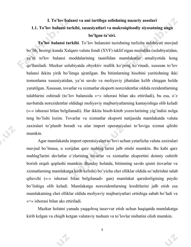 tga chiqib ketishi (kamayishi), aksincha esa, ya'ni xorijiy mamlakat aktivlari (mahsulotlar, moddiy va moliyaviy boyliklar)ning mamlakatga kirib kelishini (ortishini) ko’rsatadi. passiv (majburiyatlar)ga nisbatan esa mazkur qonuniyat teskari amal qiladi. masalan, 0’zbekiston aqshdan 10 mlrd aqsh dollari miqdorida mablag’ni qarzga oldi, 0’zbekiston bu yerda nafaqat aktivga ega bo’lmoqda, balki passiv (aqsh oldida majburiyat)ga ega bo’lmoqda. bunda to’lov balansida aktivning hisobi debet, passivning hisobi esa kredit bo’ladi. bu 0’zbekiston to’lov balansida quyidagicha aks ettiriladi: 3-jadval tashqi iqtisodiy operatsiyalar kredit (+) debet (—) aktiv, mlrd aqsh dollarida — 10 passiv, mlrd aqsh dollarida 10 — xalqaro iqtisodiy operatsiyalarni to’lov balansining debet yoki kredit qismida aks ettirishning umumiy qoidasi quyidagi jadvalda keltirilgan: 4-jadval operatsiya kredit (+) debet (—) tovarlar va xizmatlar tovarlar va xiz- matlar eksporti tovarlar va xizmatlar importi investitsiyalardan daromadlar va mehnatga haq to’lash (ish haqi) norezidentlardan tushgan (olingan) tushum norezidentlarga to’lovlar bir tomonlama o’tkazmalar mablag’larni olish mablag’larni berish moliyaviy aktivlar bilan …