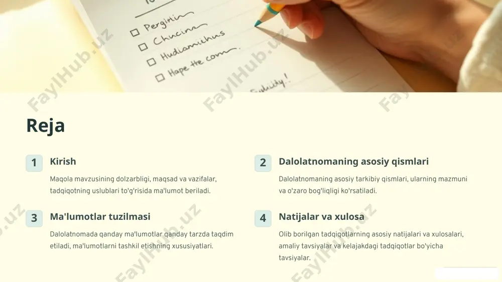 qurilishlar dasturning harakat yo'nalishini shartga qarab tanlash imkonini beradi. tsikllar bir xil kod bloklarini ma'lum shartlar bajarilguncha takrorlash uchun ishlatiladi. funksiyalar dasturning vazifalarini bajarish uchun mo'ljallangan alohida kod bloklari. 7 xabarlar va umumiy yondashuvlar xatoliklar dastur ishida yuzaga keladigan xatoliklarni to'g'ri aniqlash va tuzatish kerak. ogohlantirishlar mumkin bo'lgan muammolar haqida dasturchiga ogohlantirish xabarlari. ma'lumotlar dastur ishining holati, o'zgarishlar yoki qo'shimcha ma'lumotlar haqida xabarlar. 8 natijalar va xulosa 1 natijalar tadqiqot natijalarini tahlil qilish va xulosalar chiqarish. 2 xulosa tadqiqotning umumiy xulosasi, amaliy tavsiyalar va kelajakdagi tadqiqotlar. 3 foydalanilgan adabiyotlar tadqiqotda ishlatilgan manbalar ro'yxati. 9 foydalanilgan adabiyotlar sizning tadqiqotingizda foydalangan barcha manbalarni to'liq va aniq ko'rsatish kerak. 10 image1.png image2.png image3.png image4.png image5.png image6.png image7.png image8.png image9.png image10.png image11.png image12.png image13.png image14.png image15.png image16.png