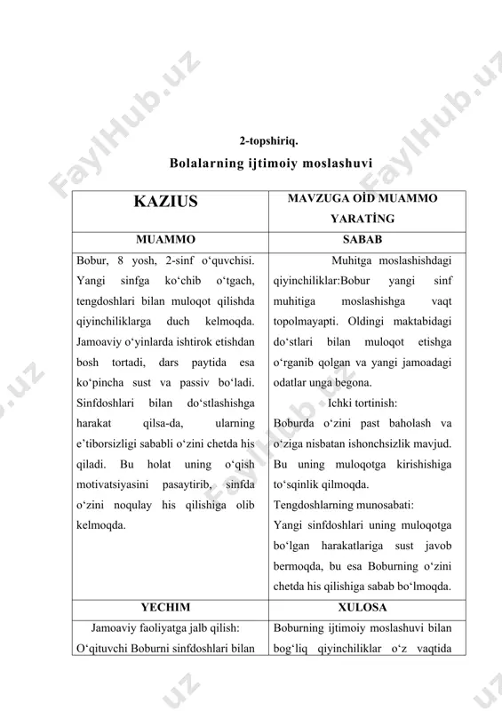 egona. ichki tortinish: boburda o‘zini past baholash va o‘ziga nisbatan ishonchsizlik mavjud. bu uning muloqotga kirishishiga to‘sqinlik qilmoqda. tengdoshlarning munosabati: yangi sinfdoshlari uning muloqotga bo‘lgan harakatlariga sust javob bermoqda, bu esa boburning o‘zini chetda his qilishiga sabab bo‘lmoqda. yechim xulosa jamoaviy faoliyatga jalb qilish: o‘qituvchi boburni sinfdoshlari bilan birgalikda kichik guruhlarda ishlashga undashi kerak. guruhiy vazifalar orqali u tengdoshlari bilan muloqot qilish ko‘nikmalarini shakllantirishi mumkin. individual yondashuv: bobur bilan individual suhbatlar o‘tkazish va uning ichki hissiy holatini yaxshilash uchun psixologik mashg‘ulotlar tashkil etish.uning ijobiy xususiyatlarini tan olib, rag‘batlantirish orqali o‘ziga bo‘lgan ishonchini oshirish. oila bilan ishlash: ota-onasi bilan suhbatlashib, boburga ko‘proq e’tibor qaratish, uni ijtimoiy faoliyatlarga jalb qilish va uyda rag‘batlantiruvchi muhit yaratish bo‘yicha tavsiyalar berish. qo‘llab-quvvatlovchi muhit yaratish: o‘qituvchi va sinfdoshlar o‘rtasida do‘stona aloqalarni mustahkamlash uchun kichik tadbirlar, o‘yinlar va mashg‘ulotlar o‘tkazish. bu boburning tengdoshlari orasida o‘z o‘rnini topishiga yordam beradi. boburning ijtimoiy moslashuvi bilan bog‘liq qiyinchiliklar o‘z vaqtida …