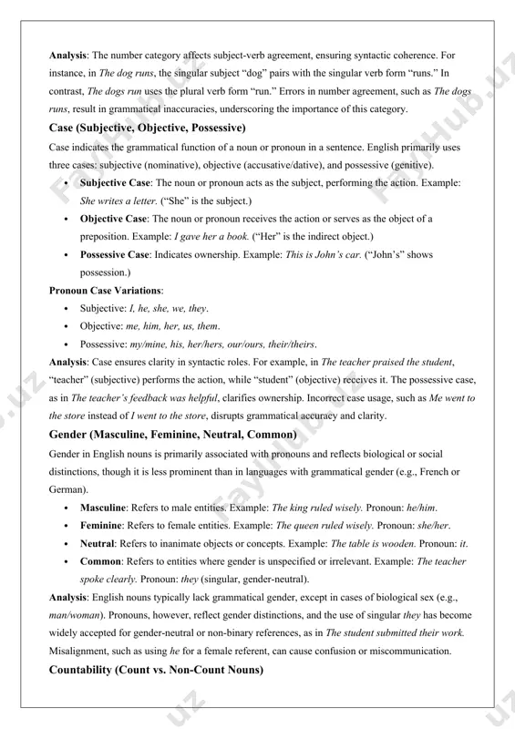 performs the action, while “student” (objective) receives it. the possessive case, as in the teacher’s feedback was helpful, clarifies ownership. incorrect case usage, such as me went to the store instead of i went to the store, disrupts grammatical accuracy and clarity. gender (masculine, feminine, neutral, common) gender in english nouns is primarily associated with pronouns and reflects biological or social distinctions, though it is less prominent than in languages with grammatical gender (e.g., french or german). · masculine: refers to male entities. example: the king ruled wisely. pronoun: he/him. · feminine: refers to female entities. example: the queen ruled wisely. pronoun: she/her. · neutral: refers to inanimate objects or concepts. example: the table is wooden. pronoun: it. · common: refers to entities where gender is unspecified or irrelevant. example: the teacher spoke clearly. pronoun: they (singular, gender-neutral). analysis: english nouns typically lack grammatical gender, except in cases of biological …