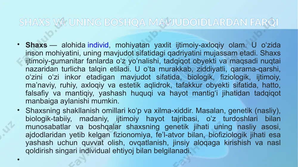 rdan iborat chora-tadbirlar ishlab chiqiladi, shu orqali inson xulq-atvori ushbu jamiyatda qabul qilingan me’yoriy qadriyatlarga moslashtiriladi. insoniyatning yaralish tarixi va rivojlanish bosqichlari hamda dinlar aro bog`liqligi odam yoki inson, shuningdek homo sapiens ham deyiladi (lot. ongli odam), sut emizuvchilar sinfining hominidae oilasiga mansub primat turidir. odamlar abstrakt fikrlash, nutq, introspeksiya qobiliyatli yuksak rivojlangan miyaga egadirlar. bunday miya bilan odamlar mehnat qurollari ishlatishni oʻrganib, boshqa tur hayvonlardan ilgʻorlashib ketdilar. odam ijtimoiy mehnat asosida shakllangan tafakkur va nutqqa ega boʻlishi, mehnat qurollari yasashi va atrof muhitga faol taʼsir koʻrsata olishi bilan boshqa tirik mavjudotlardan farq qiladi. odamni antropologiya fani oʻrganadi. odamning kelib chiqishi haqidagi qarashlar. odamning yaratilishi haqidagi diniy nazariya. odamning kelib chiqishi va tarixiy rivojlanishi toʻgʻrisida turli fikrlar va nazariyalar mavjud. odam bilan bogʻliq qadimgi rivoyatlar va qadimgi diniy kitoblarga koʻra, odam ato va momo havo yer yuzidagi dastlabki odamlar boʻlgan. zardushtiylik dinida odam tabiatning bir boʻlagi, unda vujudga kelgan va …