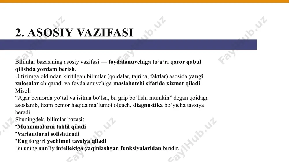 osildorlikni oshirish, kasallik va zararkunandalarni aniqlash. yuridik soha – qonunlarga asoslangan maslahatlar va huquqiy tahlillar. bu kabi tizimlar turli sohalarda qaror qabul qilishni osonlashtiradi. 9. mantiqiy moslik bilimlar bazasidagi qoidalar o‘zaro mantiqiy mos bo‘lishi zarur. ya’ni, bir qoidaning natijasi boshqasiga zid kelmasligi kerak. mantiqiy izchillik tizimning to‘g‘ri ishlashini ta’minlaydi. bu: – xatoliklar sonini kamaytiradi – qarorlar aniqligini oshiradi – foydalanuvchiga ishonch beradi mantiqsiz yoki zid qoidalar tizimda noto‘g‘ri natijalarga olib keladi. 10. qo‘llanilishi bilimlar bazasi turli sohalarda qo‘llaniladi: ekspert tizimlar – mutaxassislar o‘rniga murakkab masalalarda qaror qabul qilishda yordam beradi (masalan, tibbiy tashxisda). diagnostika dasturlari – nosozlik yoki xatolik sabablarini aniqlashda ishlatiladi (texnika va tibbiyotda). o‘qituvchi dasturlar – o‘quvchilarga individual yondashuv bilan bilim beradi va savollarga javob beradi. intellektual maslahat tizimlari – foydalanuvchiga eng yaxshi yechimlarni taklif qiladi (masalan, moliyaviy maslahatlarda). bu tizimlar qaror qabul qilishda va muammolarni hal qilishda katta yordam beradi. 11 thank you for attention image2.jpeg image3.png …