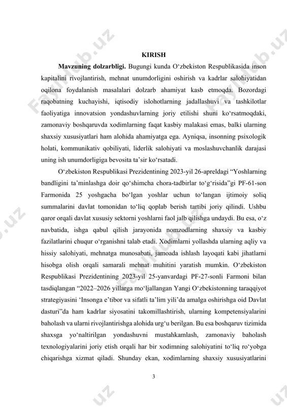 ar va ularni o‘lchash usullari nazariy va amaliy jihatdan batafsil yoritilgan. bu asar bugungi kunda psixologiya sohasida muhim manbalardan biri hisoblanadi. farg‘ona davlat universiteti olimi shavkat mamirovich ibragimov o‘z tadqiqotlarida ta’lim sifatini baholash usullari, jumladan, o‘z-o‘zini baholash, o‘zaro baholash va refleksiya metodlariga e’tibor qaratgan. ushbu yondashuvlar ayniqsa xodimlarning salohiyatini baholashda ham dolzarb hisoblanadi. shuningdek, psixologiya fanlari nomzodi, termiz davlat pedagogika instituti professori norbosheva m.a. psixologik xizmatni takomillashtirish, pedagogik kompetensiyalarni o‘lchash va baholash metodologiyasini ishlab chiqishga katta hissa qo‘shgan. u tomonidan ishlab chiqilgan uslublar, ta’lim sohasi bilan bir qatorda ishchi-xodimlarning shaxsiy xususiyatlarini aniqlashda ham foydali bo‘lishi mumkin. razakova r.s. tomonidan olib borilgan gerontologik tadqiqotlarda shaxsning subyektiv qoniqish darajasini o‘lchash usullari ishlab chiqilgan bo‘lib, ularni mehnat psixologiyasi kontekstida ham tatbiq etish mumkinligi ilmiy asoslangan. bu metodologiyalar ish joyida inson omilini baholashda keng qo‘llanish imkoniyatini yaratadi. e.g‘oziyev esa o‘zining “psixologiya” darsligida individual-tipologik xususiyatlar, ularni aniqlash va baholash metodlari haqida keng ma’lumot bergan. u …