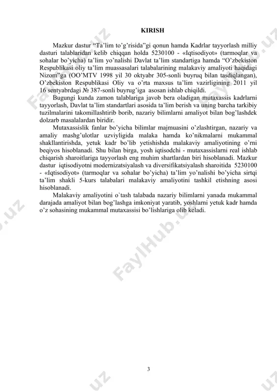 1-1786-son topshirig’i, oliy va o’rta maxsus ta’lim vazirligining 2017 yil 1 avgustdagi 527-sonli buyrug’iga asosan ishlab chiqilgan bo’lib, termiz davlat universitetida 5230100 – iqtisodiyot (tarmoqlar va sohalar bo’yicha) ta’lim yo’nalishi bo’yicha tahsil olayotgan sirtqi ta’lim shakli 5-kurs talabalariga malaviy amaliyoti uchun tavsiya etiladi. termiz davlat universiteti rektorining “malakaviy amaliyotiga chiqarish to’g’risida”gi buyrug’iga asosan tayinlangan rahbarlar ya’ni, “iqtisodiyot” kafedrasi professor-o’qituvchilari olib boradilar. bunda umumiy rahbarlik “iqtisodiyot” kafedrasi mudiri zimmasiga yuklatiladi. amaliyot joyida malakaviy amaliyoti rahbarlari bo’lib korxona, tashkilot va muassasalar rahbarlarining buyrug’i asosida tayinlangan yetakchi mutaxassislar, bo’lim boshliqlari bo’lishi mumkin. malakaviy amaliyotining bosh maqsadi 5230100 - iqtisodiyot (tarmoqlar va sohalar bo’yicha) ta’lim yo’nalishi talabalari malaviy amaliyotining bosh maqsadi oliy ta’lim jarayonida nazariya va amaliyot yaxlitligini ta’minlash, talabalarning malaviy amaliyotlarini ishlab chiqarish korxonalarida o’tkazishni samarali tashkil etish natijasida respublikamiz hududlarini ijtimoiy-iqtisodiy rivojlantirish uchun zamon talablariga javob beradigan yuqori malakali kadrlarni zarur ixtisosliklari bo’yicha iqtisodiyot sohalari va tarmoqlari ehtiyojidan kelib chiqqan holda tayyorlash, …