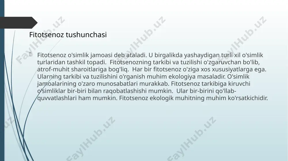 him ekologik masaladir. fitotsenozning barqarorligi fitotsenoz dinamikasini o'rganish uchun turli usullar qo'llaniladi. bu usullar fitotsenozning tarkibi va tuzilishini aniqlashga yordam beradi. o'simliklarning sonini aniqlash uchun kvadratchalar usuli qo'llaniladi. fitotsenozning tuzilishini aniqlash uchun fitososiologik tahlil qilinadi. fitotsenozning o'zgarishini kuzatish uchun uzun muddatli monitoring o'tkaziladi. ma'lumotlarni tahlil qilish uchun statistika usullaridan foydalaniladi. kompyuter modellashtirish ham qo'llaniladi. ushbu usullar fitotsenoz dinamikasini tushunishga yordam beradi. fitotsenozni o'rganish muhim ekologik masaladir. fitotsenoz dinamikasini o'rganish usullari fitotsenozlar vaqt o'tishi bilan o'zgarib turadi. bu o'zgarishlar asta-sekin yoki tez sodir bo'lishi mumkin. o'zgarishlar atrof-muhit sharoitlarining o'zgarishiga bog'liq. fitotsenozlarning o'zgarishi ekologik muvozanatni buzishi mumkin. ba'zi o'simlik turlari yo'q bo'lib ketishi mumkin. yangilari esa paydo bo'lishi mumkin. fitotsenozning o'zgarishi biogeotsenozning o'zgarishiga ham ta'sir qiladi. fitotsenozning vaqt o'tishi bilan o'zgarishini o'rganish muhim ekologik masaladir. bu o'zgarishlarni oldini olish yoki ularga moslashish uchun muhimdir. fitotsenozning vaqt o'tishi bilan o'zgarishi fitotsenozlarning geografik tarqalishi ularning ekologik talablariga bog'liq. har bir fitotsenoz o'ziga xos ekologik …