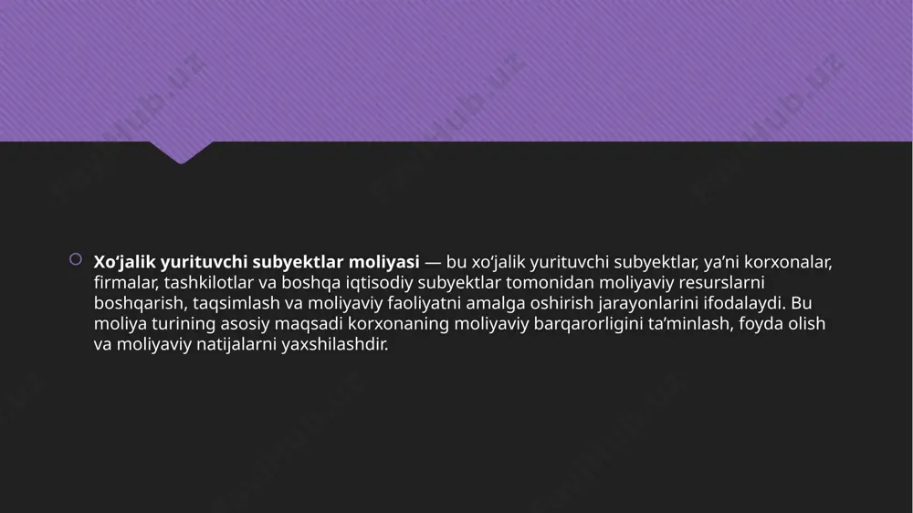 archa moliyaviy faoliyatlarni, shu jumladan, xarajatlarni nazorat qilish va foydalarni boshqarishni o‘z ichiga oladi. bu esa korxonaning moliyaviy holatini yaxshilashga yordam beradi. korxonalar moliyasini boshqarish korxonalar moliyasini boshqarish jarayoni o‘z ichiga quyidagi asosiy komponentlarni oladi: moliyaviy strategiyalarni ishlab chiqish: korxona moliyasi strategiyasini belgilash, qisqa va uzoq muddatli maqsadlarni aniqlash va ularga erishish uchun zarur bo‘lgan resurslarni belgilash. investitsiya qarorlari: korxonaning moliyaviy resurslarini qanday investitsiyalarga yo‘naltirish kerakligini aniqlash. bu, shuningdek, investitsiya loyihalarining riskini baholash va rentabellik darajasini tahlil qilishni o‘z ichiga oladi. moliya boshqaruviga texnologiyalarni tatbiq etish: moliya boshqaruvida yangi texnologiyalarni, masalan, moliyaviy tahlil dasturlari va moliyaviy nazorat tizimlarini joriy etish. xarajatlarni nazorat qilish: xarajatlarni monitoring qilish va nazorat qilish orqali korxonaning rentabelligini oshirish. bu, shuningdek, xarajatlarni kamaytirish va samaradorlikni oshirishga olib keladi. moliyaviy risklarni boshqarish: moliyaviy risklarni aniqlash va baholash, ularni kamaytirish va boshqarish strategiyalarini ishlab chiqish. moliyaviy hisobotlar: moliyaviy hisobotlarni tayyorlash, bu esa korxonaning moliyaviy holatini baholashda yordam beradi. …