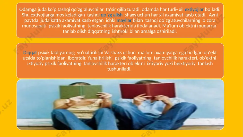 ional diqqat ham deyiladi. ixtiyoriy diqqat- qatiy maqsad asosida yo’naltirilgan diqqatdir diqqatning bu turi o’zini majbur qilib, zo’r berib onni bir faoliyat ustida to’plab turishlikni bildiradi.u irodaning ishtirokini talab etadi. shuning uchun xam bazan u irodaviy diqqat deyiladi. masalan, ilmiy asarni mutola qilish og’ir bir ishni bajarish zo’rlab diqqatni bir yerga to’plash ham irodaviy diqqatni talab qiladi. irodaviy diqqatning kelib chiqishiga mexnat sababchi bo’lgan chunki mexnat maqsadga qaratilgan va muayyan bir natija maxsulot beradigan ongli faoliyatdir. ixtiyoriy diqqat o’zimizni majbur qilib, zo’r berib biror ishga kirishganimizdan keyin shu ish bizni qiziqtirib qo’ysa, biz unga berilib ketamiz uning mashaqatini sezmasdan bemalol ishlaymiz. bazi ishlar bizga boshida juda og’irday ko’rinsa xam, uni boshlab yuborsak bir necha vaqtdan keyin zavq bilan ishlay boshlaganimizni o’zimiz payqamay qolamiz. shunday paytdagi diqqatni ishtiyoqli yoki ko’nikgan diqqat deb atash mumkin. u o’zining psixologik etibori bilan ixtiyorsiz va ixtiyoriy diqqat turlaridan farq qiladi.ko’nikkan diqqat ixtiyoriy diqqatdan boshlanib ixtiyorsiz …