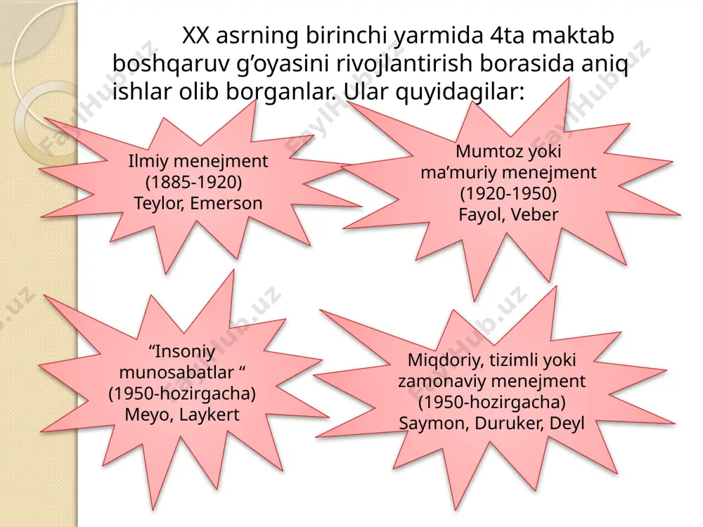 h madaniyati; menejer va uning fazilatlari; menejer reytingi; boshqarishda kirishuvchanlik va qaror qabul qilish; boshqarish vazifalari; xodimlarni boshqarish; ishlab chiqarishni boshqarish; samaradorlikni boshqarish; o’z- o’zini boshqarish; hududiy boshqarish va hokazolar. menejment fanining predmeti: bu fanning mazmuni boshqaruv tizimi va boshqaruv obyekti orasidagi o’zaro munosabat bo’lib, uning asosiy vazifasi o’quvchilarga boshqaruvning zamonaviy usullarini rahbarlik san’ati sirlarini o’rganishdan iborat. menejment fanining boshqaruv usullari: 2. komp-leksli yonda-shuv 3. tarkibiy yonda-shuv 4. vaziyat-li yon-dashuv 10. sotsio-logik kuzatuv usuli 8. kuza-tish usuli 6. model-lashtirish usuli 5. integratsion yonda-shuv 9. tajriba usuli 7. iqtisodiy-matema-tik yon-dashuv 1. tizimli yonda-shuv image2.gif