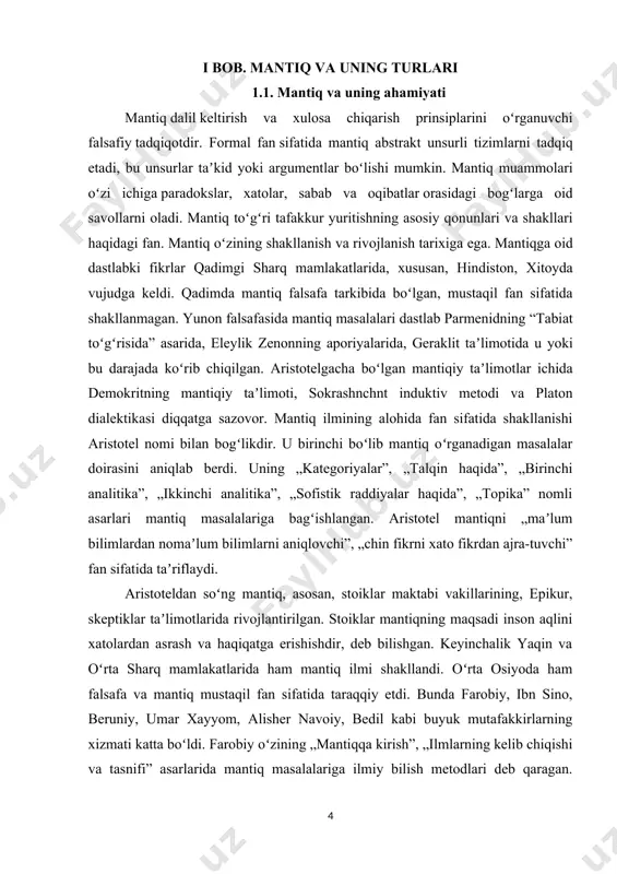 lari orqali yevropaga kirib keldi. oʻrta asr yevropasida mantiq masalalari, asosan, umumiy va yakka tushunchalarning oʻzaro munosabati doirasida oʻrganildi. yangi davrda r. dekart, f. bekon, t. gobbs, v. leybnits va boshqa mantiq ilmi turli yoʻnalishlarining yaratilishiga asos soldilar. 18 — 19-asrlar falsafiy fikrida i. kant va v. f. gegel yaratgan mantiqiy tizimlar muhim oʻrin tutadi. gegel fikricha, falsafa mantiq shaklida mavjud, uning oʻrganish obʼyektini tafakkur tashkil etadi. mantiqning asosiy vazifasi haqiqatni aniqlash, unga erishish yoʻllarini oʻrganishdir. mantiq tafakkurning namoyon boʻlish shakllari va taraqqiyotini, shu jumladan, fikrlar oʻrtasidagi aloqadorlikni koʻrsatadigan qonun qoidalar yigʻindisini oʻrganadi. mantiqning vazifasi — chin fikrni, haqiqatni aniqlash. mantiq ilmining oʻrganish obʼyekti tafakkurdir tafakkur 3 xil shaklda: tushuncha, hukm (mulohaza) va xulosa chiqarish shaklida mavjud boʻladi. muhokama yuritish ana shular va ularning oʻzaro aloqalarga kirishishi natijasida vujudga keladigan boshqa mantiqiy tuzilmalar (mas, muammo, gipoteza, nazariya, gʻoya va boshqalar)da amalga oshadi. muhokama yuritishda ishonchli natijalarga erishishning zaruriy sharti qatoriga …