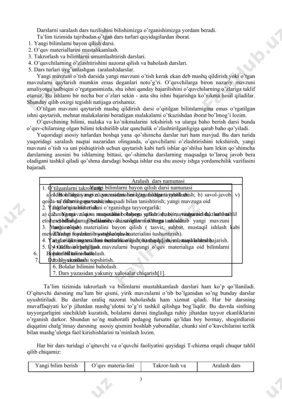 ib boriladi hamda ta’lim tizimining bir qismi sifatida tugallangan bilim beradi, navbatdagi bilimlarni o’zlashtirmoq uchun zamin yaratadi. shuni unutmaslik kerakki, ta’lim ishlari darsdan tashqari ham to’garak, ekskursiyalar shaklida olib boriladi. dars oldiga qanday talablar qo’yiladi? ularning mohiyati nimadan iborat? har bir dars oldiga quyidagi talablar qo’yiladi: a) tarbiyaviy talab, b) didaktik talab, v) tashkiliy talab. darsga qo’yilgan didaktik talablar sirasiga quyidagilar kiradi: 1.har bir dars aniq maqsadni ko’zlagan holda puxta rejalashtirilmog’i lozim. bu jarayonda o’qituvchi darsning ta’limiy va tarbiyaviy maqsadini belgilaydi. dars bosqichlarini, ya’ni qanday tamomlash, ko’rgazmali materiallardan foydalanish kabilarni oldindan hal qilib oladi. 2.har bir dars aniq g’oyaviy mafkurafiy izlanishga ega bo’lishi lozim. o’qituvchi esa ulardan tarbiyaviy maqsadda foydalanmog’i lozim. 3.har bir dars maktabning, ijtimoiy muhitning imkoniyatini hisobga olgan holda amaliyot bilan bog’lanmog’i, ko’rsatmali vositalar bilan jihozlanmog’i lozim. 4.har bir dars xarakteriga mos usul, uslub va vositalardan samarali foydalangan holda tashkil etilishi lozim. 5.dars uchun ajratilgan soat va daqiqalarni …