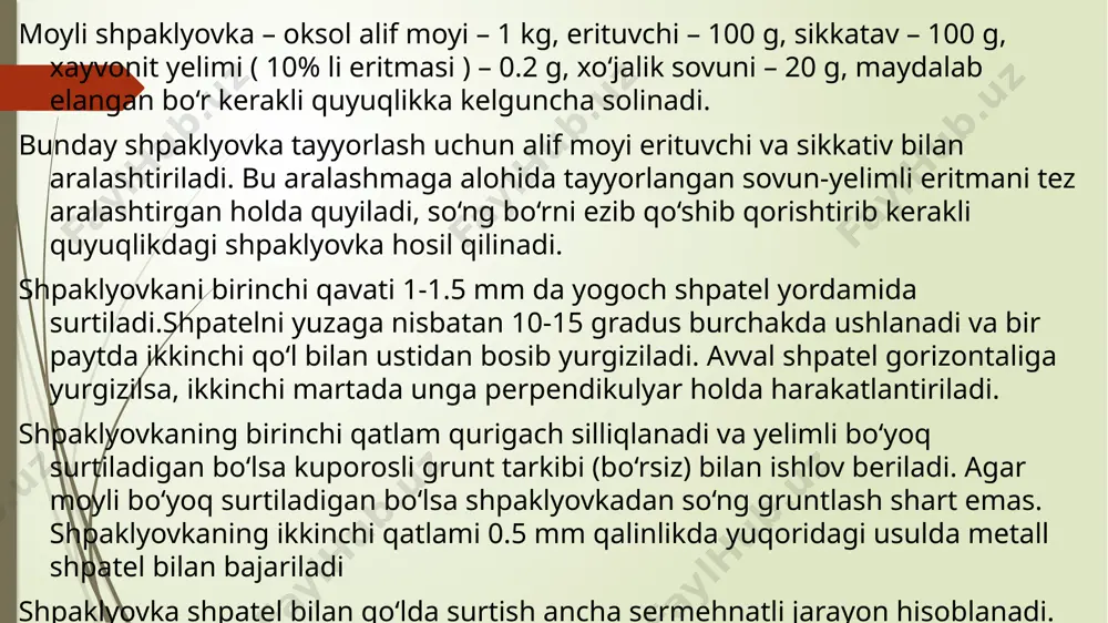 , gips ishlatiladi. to‘ldirgichlar sifatida esa ko‘pincha maksimal yirikligi 2,5 mm gacha bo‘lgan tabiiy kvarsli qumlar va fraksiyalarga ajratilgan maydalangan bazaltli, ohaktoshli, marmarli qumlar qo‘llaniladi. mikroto‘ldirgichlar sifatida kukun yoki chang ko‘rinishidagi andezit, dolomit va boshqa mineral moddalar ishlatiladi. ushbu maqsadlar uchun faol texnogen chiqindilar: maydalangan shlak, uchirmakul, mikrokremnezem ishlatilishi mumkin. barcha dispers mikroto‘ldirgichlar donasining maksimal o‘lchami 100 mkm dan oshmasligi lozim. finlyandiyaning «partek» firmasi fraksiyasi 0,3 – 1,0 mm bo‘lgan ohaktoshli mikroto‘ldirgich qo‘shilgan quruq suvoq qorishmalarining 4 ta navini ishlab chiqaradi. tarkibidagi maxsus qo‘shimchalari hisobiga ushbu quruq qorishmalar asosida tayyorlangan suvoqlar qotganidan so‘ng yuqori gidrofoblik xususiyatlarini namoyon qiladi. shu tufayli ular namligi yuqori bo‘lgan xonalarda ham qo‘llanilishi mumkin. qurilish materiallari bozorida «knauf» (germaniya) firmasining qqq eng katta talab qozongan. sanoat binolarining ichki suvog‘i uchun ko‘proq sement asosidagi qqq dan foydalaniladi. «knauf» firmasining sement asosidagi barcha qqq lari modifikatsiyalovchi qo‘shimchalarga ega. shu tufayli ulardan tayyorlangan qorishmalar yuqori darajadagi texnologiyaga oid xususiyatlarga, …