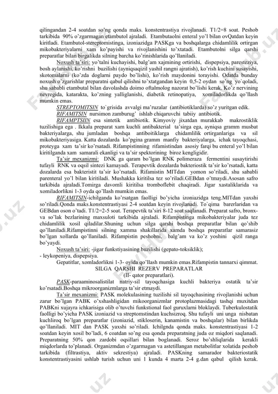 n bo’ldi. albatta faqat dorilar bilan silni davolab bo’lmaydi, unga qo’shimcha yaxshi umumiy ovqatlanish, kuntartibi, sanator-kurortli davolash va kerakli xollarda jarroxlik muolajalari kerak bo’ladi. faqat shundagina samarali davolash bo’lishi mumkin. olinish manbaalari bo’yicha silga qarshi vositalar 2ga bo’linadi: 1. antibiotiklar 2. sintetik vositalar. silni xozirgi zamon davolash negizida xar xil ta’sir mexanizimli ximioterapevtik vositalarni qo’shib qo’llash yotadi. silga qarshi vositalar, sil jarayoni shilliq qavatlarda joylashgan bo’lsa, parenximatoz organlar siliga nisbatan yaxshiroq ta’sir ko’rsatadi. sintetik silga qarshi vositalarning ta’sir spektori juda tor bo’lib, asosan sil tayoqchasiga ta’sir etadi. silga qarshi antibiotiklarning esa ta’sir spektori keng. ko’pgina silga qarshi preparatlar preparatlar bakteriostatik ta’sir ko’rsatadi. (izoniazid, rifampistin, streptamistin). silni davolashda prreparatlar uzoqmuddat (1-1,5 yil va undan ko’p) qo’llaniladi. shu sababdan sil tayoqchasining ximmoterapeatik preparatlarga chidamlilik rivojlanishini bilish kerak. sil bakteriyasida xamma preparatlarga chidamlilik rivojlanadi.bu jarayonni sekinlashtirish maqsadida bir vaqtda 2-3 ta preparat qo’llash kerak (kombinastiya), chunki sil bakteriyalarida bundan vositalarga chidamlilik kamdan-kam rivojlanadi …