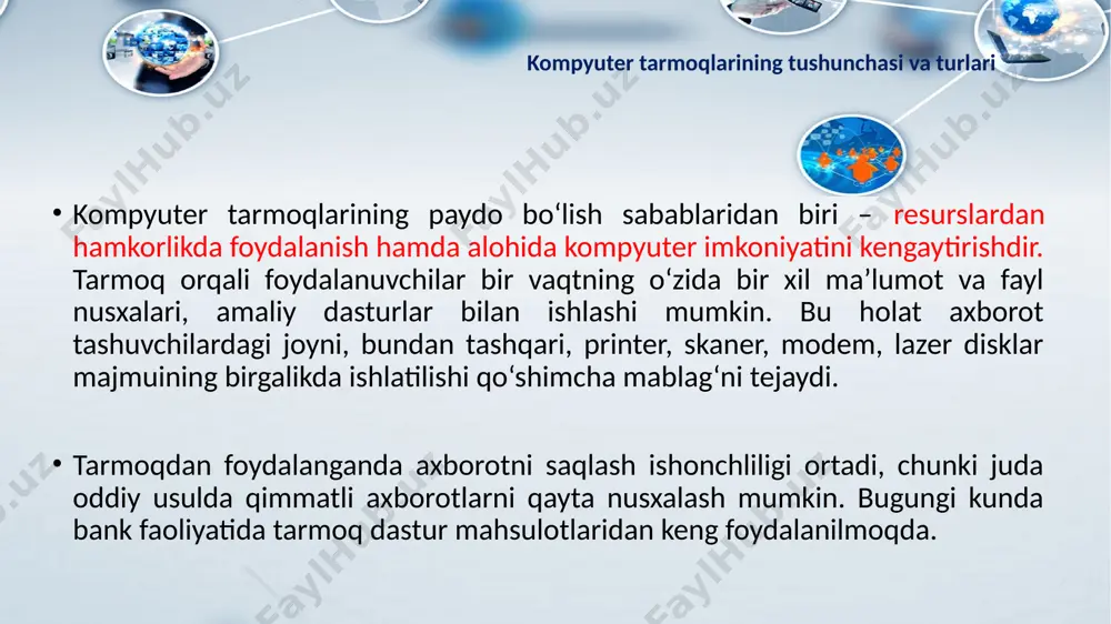 lar ketadi); oson sozlanadi; ishchi stantsiyasining ishdan chiqishi tarmoqning ishlashiga ta’sir etmaydi. kamchiliklari: tarmoqdagi har qanday nosozliklar (kabelning uzilishi, terminatorning ishdan chiqishi) tarmoqning ishdan chiqishiga olib keladi; nosozliklarni lokallashtirishning murakkabligi; yangi ishchi stantsiyalarning ulanishi tarmoq tezligini pasaytiradi. 1. shina topologiyasi kompyuter tarmoqlarining tushunchasi va turlari sеrvеr printеr pk pk pk 16 sеrvеr pk pk pk pk pk afzalliklari: oson o’rnatish; qo’shimcha qurilmalarning yo’qligi; tarmoq intensiv ishlaganda uning turg’un ishlashi (tezlikni kamaytirmasdan). kamchiliklari: bitta ish stantsiyasining ishdan chiqishi tarmoqning ishlashiga ta’sir etadi; murakkab konfiguratsiya va sozlash; nosozliklarni qidirishning murakkabligi. xalqa topologiyasida barcha kompyuterlar yopiq xalqasimon, ketma-ket bog’lanadilar. bunda xabar birin-ketin kompyuterdan-kompyuterga uzatiladi. xabarni uzatgan kompyuter yana o’sha xabarni qayta qabul qilmaguncha, jarayon davom etaveradi. 2. xalqa topologiyasi kompyuter tarmoqlarining tushunchasi va turlari 17 sеrvеr pk pk pk printеr hub (хаb) afzalliklari: bitta ish stantsiyasining ishdan chiqishi tarmoqning ishlashiga ta’sir etmaydi; tarmoqning yaxshi masshtablashtirilganligi; tarmoqdagi nosozliklarni oson qidirish; tarmoqning yuqori unumdorligi; qulay …