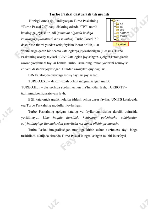 va ma’lumot satridan iborat (2-rasm). ko’rib turganingizdek, turbo paskal integrallashgan muhiti interfeysi matn muharririni interfeysiga o’xshaydi. uning ishchi maydoniga dastur matni matn muharriridagi kabi kiritiladi. ishchi maydoni “oyna” ko’rinishida bo’lib, u “matn kiritish oynasi” yoki qisqacha “oyna” deb ham yuritiladi. ms worddagi kabi turbo paskalda ham bir nechta oyna ochib, ularning har biri bilan alohida ishlash imkoniyati mavjud. bu bir vaqtda bir nechta dastur bilan ishlash imkonini beradi. joriy vaqtda ishlanayotgan oyna aktiv oyna deyiladi. menyular satriga o’tish uchun f10 klavishasi bosiladi. so’ngra chapga yoki o’ngga yo’nalish klavishalari yordamida kerakli menyuni tanlab enter klavishasi bosiladi. kerakli menyuni sichqoncha yordamida ham tanlash mumkin. run menyusi dasturni ishga tushirish, compile menyusi dasturni kompilyatsiya qilish (dasturni “mashina tili”ga o’girib “exe” kengaytmali fayl ko’rinishida saqlash) amallarini o’z ichiga oladi. qolgan menyulardan dastur tuzishda deyarli foydalanilmaydi. menyular tarkibidagi amallarni ma’lum klavishalarni bosish orqali ham bajarish mumkin. quyida asosiy amallarni bajarishga mo’ljallangan klavishalar keltirilgan: f3 ochish …