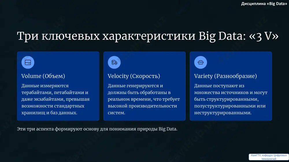 т предопределенной схемы или формата, что затрудняет их обработку и анализ с помощью традиционных инструментов. примеры: • текстовые документы: электронные письма, отчеты, книги, посты в блогах. • мультимедиа: изображения, аудиозаписи, видеофайлы (например, с камер наблюдения). • данные с датчиков: информация о температуре, давлении, влажности. • посты в социальных сетях, которые включают текст, эмодзи, хештеги и медиаконтент. для работы с неструктурированными данными требуются передовые методы, такие как машинное обучение и обработка естественного языка (nlp). дисциплина «big data» намгту, кафедра цифровых технологий https://gamma.app/?utm_source=made-with-gamma https://gamma.app/?utm_source=made-with-gamma единый поток информации визуализация: поток данных из разных источников — соцсети, iot, видео, транзакции дисциплина «big data» намгту, кафедра цифровых технологий https://gamma.app/?utm_source=made-with-gamma https://gamma.app/?utm_source=made-with-gamma почему важно понимать типы данных? 01 выбор правильных инструментов различные типы данных требуют разных технологий для хранения, обработки и анализа. например, для структурированных данных подходят sql-базы, а для неструктурированных — nosql- решения и hadoop. 02 оптимизация производительности понимание структуры данных позволяет выбрать наиболее эффективные алгоритмы …