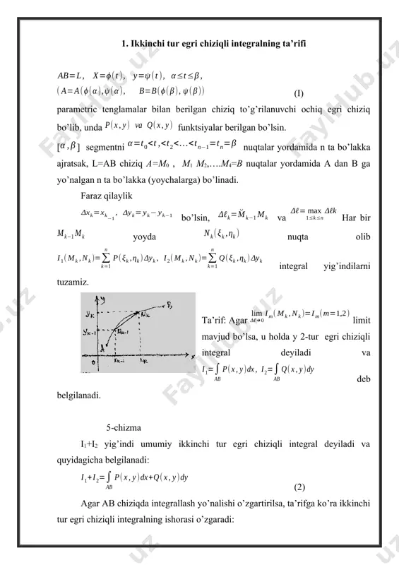 orasidagi bog’liqlik teorema. l=ab (i) tenglamalar bilan berilgan silliq egri chiziq, bo’lsin funktsiyalar ab chiziqda uzluksiz, birlik vektor ab chiziqga uning m(x,y) nuqtasida o’tkazilgan urunma vektor bo’lib, yo’nalishi a dan b ga qarab bo’lsin, burchak m(x,y) nuqtada vektor bilan ox o’qi orasidagi burchak bo’lsin. u holda (6) tenglik o’rinlidir, bunda izoh: fazoviy egri chiziq esa 8-chizma bo’ladi, bu yerda va bo’lib vektor bilan mos ravishda ox, oy va oz o’qlari orasidagi burchaklardir. 4. ikkinchi tur egri chiziqli integralning fizikaga tadbiqi 4.1 massasi birga teng moddiy nuqtaning a dan b ga qarab ko’chirishda, kuchning bajargan ishini a desak, u vaqtda ma’lumki bo’ladi. 4.2 vektor m(x,y) nuqtadan oqib o’tuvchi suyuqlik tezligi bo’lsin. u holda, birlik vaqt ichida g sohadan oqib o’tuvchi suyuqlik miqdori bo’ladi, bu yerda vektor m(x,y) nuqtada l chiziqga o’tkazilgan tashqi normal vektorning birlik vektoridir. agar bo’lib, urunma vektorning l da yo’nalishi musbat yo’nalish bilan mos tushsa, u holda bo’lib, …
