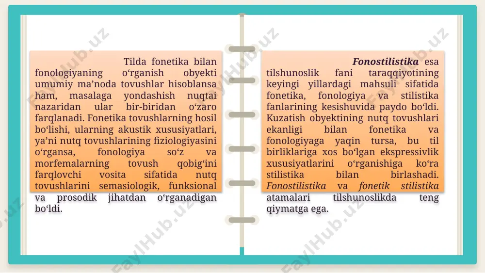 dan farqlanishi, masalan, sahna nutqi, oldin yozilgan matnlarni o‘qish tayyorlangan nutq sifatida kommunikatsiya jarayonida tug‘iladigan spontan, ya’ni oldindan tayyorlanmagan nutqqa o‘xshamasligi; puxta o‘ylangan nutqda, masalan, oldindan tayyorlangan matnni o‘qishda, diktorlar nutqida uning tovush tomoniga alohida e’tibor berilishi, erkin nutqda esa uning tovush tomoniga kam e’tibor berilishi har bir nutqiy holatda alohida talaffuz usulining tanlanishiga zarurat paydo qiladi. . nutqning bir maromda ijro etilishini tovushlar uyg‘unligi ta’min etadi. tovushlar ramziylik xususiyatiga ham ega. xushohanglik (blagozvuchiye) nutqning fonetik jihatiga qo‘yildigan bosh talablardan biridir. ilmiy adabiyotlarda uyg‘unlik, jarangdorlik unli tovushlarga, ma’noning farqlanishi esa undosh tovushlarga bog‘liq ekanligi qayd etilgan xushohanglik matndagi unli va undoshlarning uyg‘unligi bilan qo‘llab quvvatlanadi. . sonorlar, jarangli undoshlar nutqda musiqiylikni keltirib chiqaradi. fonetik vositalarning stilistik imkoniyatlari. fonetika fonostilistika bo‘g‘in intonatsiya ritm nutq tempi melodika pauza urg‘u nutq tovushlarining hosil bo‘lish usullarini, akustik xususiyatlarini, nutq a’zolari artikulyasiyasini, artikulyasiya kechimidagi segment va supersegment birliklarni, xullas, muayyan tilning fonetik tarkibini o‘rganadi. . …