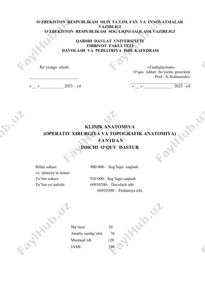 klinik anatomiya (operativ xirurgiya va topografik anatomiya) fanidan ishchi o‘quv dastur — DOCX