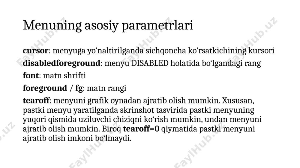 menyu buyruqlariga vazifa belgilash menyu elementlarining farqli xususiyati foydalanuvchi tugmani bosganda javob bera olish qobiliyatidir. buning uchun har bir menyu elementiga command parametrini belgilash mumkin. bu parametr bosilganda bajariladigan funksiyaga havola o‘rnatadi. def edit_click(): messagebox.showinfo("gui python", "edit bo’limi bosildi") from tkinter import * from tkinter import messagebox root = tk() root.title("metanit.com") root.geometry("250x150") root.option_add("*tearoff", false) def edit_click(): messagebox.showinfo("gui python", "edit bo’limi bosildi") main_menu = menu() main_menu.add_cascade(label="file") main_menu.add_cascade(label="edit", command=edit_click) main_menu.add_cascade(label="view") root.config(menu=main_menu) root.mainloop() notebook. sahifalar yaratish notebook vidjeti bir nechta sahifalardan iborat to‘plamni taqdim etadi. vidjet parametrlari orasida quyidagilarni alohida ta’kidlash kerak: width: vidjet kengligi height: vidjet balandligi cursor: vidjet ustiga kursor keltirilganda ko‘rsatkich padding: vidjet chegarasidan uning mazmunigacha bo‘lgan bo‘sh joy style: vidjet uslubi notebook dasturi sahifalarni boshqarish uchun bir qancha usullarni taqdim etadi. xususan, yangi sahifani qo‘shish uchun add() metodi qo‘llaniladi. add(child, state, sticky, padding, text, image, compound, underline) metod parametrlari child: tab yaratilayotgan qo‘shiladigan vidjet. odatda bu boshqa vidjetlarni o‘z …