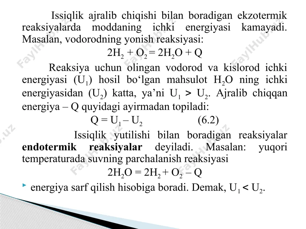 latiga bog‘liq bo‘lib, jarayonning borish yo‘liga, qanday oraliq bosqichlar orqali o‘tganligiga bog‘liq emas. тermokimyoning amalda ko‘p tatbiq qilinadigan bu muhim qonuni yana quyidagicha talqin qilinishi ham mumkin: “reaksiyaning issiqlik effekti jarayonning qanday usulda olib borilishiga bog‘liq emas, balki faqat reaksiyada ishtirok etayotgan moddalarning dastlabki va oxirgi holatiga bog’liq”. keltirilgan ta’riflarning isboti misolida со2 gazi с va о2 dan ikki xil yo‘l bilan bevosita, uglerod va kislorodning birikishi hamda со hosil bo‘lishi orqali olinishi mumkin. bu yerda gess qonuniga muvofiq со2 hosil bo‘lish issiqlik effekti н1 barcha bosqichlarda qo‘zg‘atiladigan issiqlik effektining yig‘indisiga teng bo‘ladi, ya’ni н1 = н2 + н3 darhaqiqat cо2 ushbu с + о2 = со2 + н1 (а) reaksiyasi yordamida bir bosqichda yoki с + 1/2 o2=со + н2 (b) со + 1/2o2 = со2 + н3 (v) reaksiyalari orqali ikki bosqichda hosil qilinishi mumkin. (b) va (v) tenglamalar qo‘shilsa, (а) tenglama kelib chiqadi. demak, н = н2 …