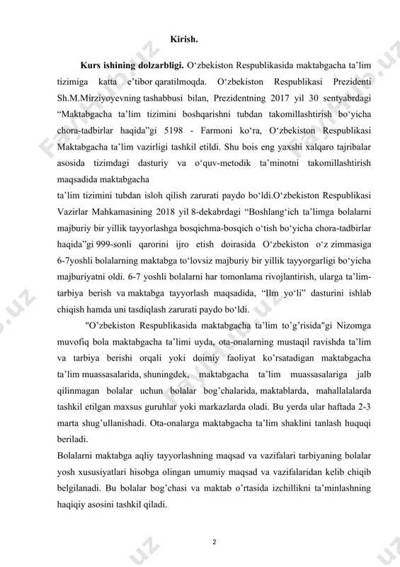 nizomga muvofiq bola maktabgacha ta’limi uyda, ota-onalarning mustaqil ravishda ta’lim va tarbiya berishi orqali yoki doimiy faoliyat ko’rsatadigan maktabgacha ta’lim muassasalarida, shuningdek, maktabgacha ta’lim muassasalariga jalb qilinmagan bolalar uchun bolalar bog’chalarida, maktablarda, mahallalalarda tashkil etilgan maxsus guruhlar yoki markazlarda oladi. bu yerda ular haftada 2-3 marta shug’ullanishadi. ota-onalarga maktabgacha ta’lim shaklini tanlash huquqi beriladi. bolalarni maktabga aqliy tayyorlashning maqsad va vazifalari tarbiyaning bolalar yosh xususiyatlari hisobga olingan umumiy maqsad va vazifalaridan kelib chiqib belgilanadi. bu bolalar bog’chasi va maktab o’rtasida izchillikni ta’minlashning haqiqiy asosini tashkil qiladi. bolalar bog’chasi va makatbdagi ta’lim va tarbiya vazifa, shakl hamda metodlarining turli yosh bosqichlarida bola shaxsini har tomonlama shakllantirishni amalga oshirish maqsadlarida o’zaro aloqasini qaror toptirish muhim ahamiyatga egadir. 6-7 yoshli bolalarni maktab ta’limiga pedagogik tayyorligini aniqlashda maktabgacha yoshdagi bolalar ta’lim - tarbiyasi bilan shug’ullanuvchilar asosiy shart hisoblanmish - bolaning maktabga tayyorligi maktabgacha va maktab davridagi hayot tarzi hamda faoliyati uchun ko’prik vazifasini o’tashini, …