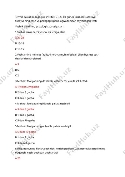 yoshlik davrining psixologik xususiyatlari testi — DOC