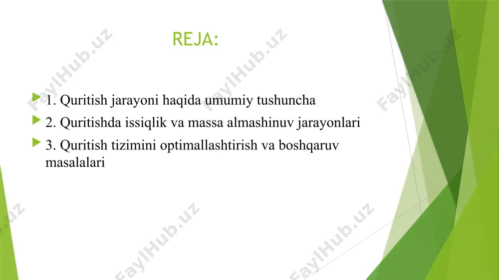 lib qoladi va mahsulot sifati kafolatlanadi. 2)buzadigan amallar bilan quritish jarayoni doimiy ravishda amalga oshiriladi va uning tizimi avtomatik boshqarish jarayonini amalga oshirishi oson. uzluksiz mahsulotlarni bo'shatish bilan doimiy ravishda keng miqyosli ishlab chiqarish uchun javob beradi. 3)spreyi quritish tezligi juda tez. quritish uchun atigi 5-35 soniya vaqt ketadi, uni tez quritish deb atash mumkin. namlikning 90% dan ortig'i darhol bug'lanishi mumkin. doimiy tezlikda quritish bosqichida issiq havo harorati yuqori bo'lsa-da, tomchi sirt harorati issiq havoning nam lampochka haroratida saqlanadi. 2. quritishda issiqlik va massa almashinuv jarayonlari quritish jarayoni texnologik jihatdan issiqlik almashinuvi va massa almashinuvi jarayonlarining murakkab o‘zaro bog‘langan tizimidan iboratdir. bu ikki jarayon bir vaqtda sodir bo‘ladi va biri ikkinchisining borishini ta’sir ostida o‘tkazadi. quritilayotgan materialning ustiga issiqlik berilishi natijasida uning ichki yoki tashqi qismidagi namlik bug‘ holatiga o‘tadi va atmosfera yoki maxsus quritgich muhiti orqali tashqariga chiqariladi. issiqlik berish quyidagi usullar bilan amalga oshiriladi: konvektiv (havo orqali): …