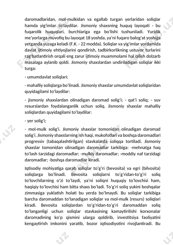 arlar va qishloqlar obodonchiligi kabi vazifalarni bajaradi. lekin bu soliqlar va yig'imlar ularning budjet xarajatlarining 30-40 foizini qoplaydi. mahalliy budjetlar daromadlarini ko'paytirish eng dolzarb masalalardan biridir. faqat o'z daromad manbaiga to'liq ega bo'lgan mahalliy hokimiyatlar o'z faoliyatlarini to'liq amalga oshirishlari mumkin. aks holda har xil moliyaviy kamchiliklarga yo'l qo'yish ehtimoli bor. mahalliy budjetlaming soliq va yig'imlari kam bo'lganligidan bu budjetlaming daromad va xarajatlarini barqarorlashtirish (balanslashtirish) ancha murakkabdir. mulkchilik shaklidan qat’i nazar o'zbekiston respublikasi hududidagi yuridik va jismoniy shaxslar mahalliy soliqlar va yig'imlami to'lovshilari bo'lib hisoblanadilar. soliq to'lovchi jismoniy shaxslarning budjetda tutgan salmog'i hozirda 25 foizni tashkil etmoqda. jismoniy shaxslar umumdavlat va mahalliy soliqlarni to'laydilar. bu soliqlarni hisoblab shiqarish va to'lash tartiblari o'zr soliq kodeksi bilan tartibga solinadi. hozirgi kunda mamlakatimizda jismoniy shaxslar o'z daromadlaridan, mol-mulkidan va egallab turgan yerlaridan soliqlar hamda yig'imlar to'laydilar. jismoniy shaxsning huquq layoqati - bu fuqarolik huquqlari, burchlariga ega bo'lishi tushuniladi. yuridik me’yorlarga muvofiq bu layoqat …