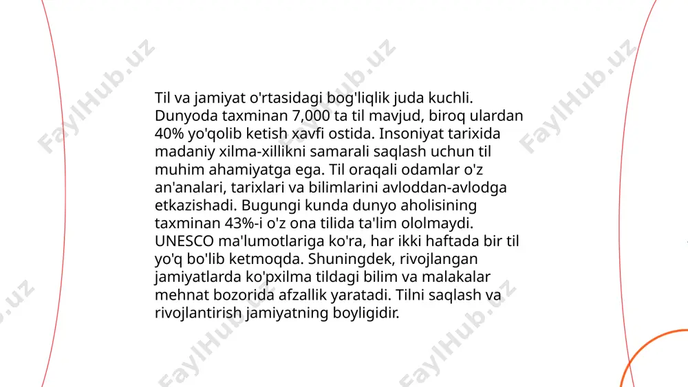 nilishini belgilaydi. maqomlar til o'zgarishi va til rejasi jarayonlarini, shuningdek, til siyosatini shakllantiradi. misol uchun, rasmiy til maqomi davlat idoralaridagi aloqalarga taalluqli bo'lsa, oilaviy maqomlar esa ko'proq shaxsiy yig'inlarda namoyon bo'ladi. sotsiolingvistik maqomlar har xil davlatlarda, mintaqalarda yoki ijtimoiy guruhlarda turlicha namoyon bo'lishi mumkin. ushbu maqomlar jamiyatdagi ijtimoiy tengsizliklarni ham aks ettirishi mumkin. sotsiolingvistika xasanova shodiyona e'tiboringiz uchun raxmat! image1.png image2.png image3.png image4.jpg image5.png image6.jfif image7.jpg image8.jpg a group of diverse people talk in social media speech communication network connections /docprops/thumbnail.jpeg