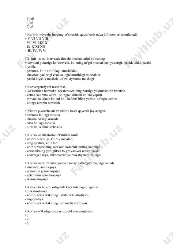 . +yuzdagi sezgi, tildagi ta’m bilish, chaynov mushaklarining kuchi va tarangligi. - tishlarni ko’rsatish, lunjni shishirish, shamni o’chirish. - tilni chikarish, nutkni tekshirish, giperkinezlar. - ko’z olmalarini yukoriga, pastga karatish, ko’z korachiglarini yoruglikka reakstiyalari # bemorda o’ng lunjda o’tkir, kuchli xurujsimon og’riklar 5-6 sek. davom etadi. gapirganda paydo bo’ladi. palpatsiyada o’ngdan ikkinchi vale nuktasi og’rikli. patalogiya turini ko’rsating +o’ngdan 3 shoxli nervning 2-shoxini nevralgiyasi. - o’ngdan 3 shoxli nervning 2-shoxini nevriti - o’ngdan 3 shoxli nervning 3-shoxini nevralgiyasi - 3 shoxli nervning nevralgo-nevriti # 7-juft bosh miya juftini innervastiya qiladigan mushaklar +mimik mushaklar, uzangich mushak. - yuz terisi - ogiz shillik kavati, tilning ta’m bilish so’rgichlari - ko’z olmalari. # mimik mushaklarning markaziy falaj simptomlari. +o’ngdan burun-lab burmasi silliklashgan, elkan siptomi. xavo o’ng ogiz burchagidan chikib ketadi. - chapdan ko’zini yumolmaydi, koshini ko’tarmaydi. - o’ngdan tashkariga karagan gilaylik, midriaz - o’ngdan ko’zini yumolmaydi, koshini ko’tarmaydi. # bemorda o’ngdan yuz mushaklarining …