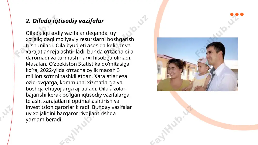 r bir oila o‘zining o‘ziga xos qadriyatlariga ega bo‘lib, bu ko‘pincha milliy urf-odatlar va diniy e’tiqodlar bilan chambarchas bog‘langan. yoshlar orasida, 80% dan ortig‘i oilaviy an’analarga rioya qilishni va ularni keyingi avlodlarga yetkazishni o’zining burchi deb biladi. shu bilan birga, zamonaviy turmush tarzi bilan ham uyg‘unlashgan. iqtisodiy tarbiya, ekologik tarbiya, saydaxmedova gavharoy e'tiboringiz uchun raxmat! image1.png image2.png image3.png image4.jfif image5.png image6.jfif /docprops/thumbnail.jpeg