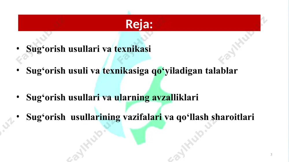 100 ta yirik suv xo‘jaligi obyektlarida suvni boshqarish jarayonlarini avtomatlashtirish; qishloq xo‘jaligi ekinlarini sug‘orishda suvni tejaydigan texnologiyalar bilan qamrab olingan yerlarning umumiy maydonini 2 million gektargacha, shu jumladan, toirmrigcahtsiiylaavba mseuligor‘aotsriiysah texnologiyasini 600 ming gektargacha yetkazish belgilangan. sug‘orish usuli – sug‘orish suvini sug‘oriladigan maydonlarga taqsimlash va suvni oqim shaklidan tuproq va atmosfera namligiga o‘tkazish uchun qo‘llaniladigan usullar va tadbirlar majmuasidir. tuproq va atmosfera namligiga sug‘orish texnikasi - suvni oqim shaklidan o‘tkazish texnologiyasi va texnik vositalardir. sug‘orish usullari va texnikasi sug‘orish usullarining sxematik ko‘rinishlari sug‘orish usuli va sug‘orish texnikasiga qo‘yiladigan talablar sug‘orish suvining sug‘orish dalasi uzunligi va tuproq faol qatlam chuqurligi bo‘ylab bir tekis taqsimlanishi; sug‘orish suvining tuproq faol qatlam ostiga sizilishiga, havoga bug‘lanishiga va tashlamalarga tashlanishiga yo‘l qo‘ymaslik; tuproqqa va ekinlarga ishlov berishni mexanizatsiyalash; sug‘orish tizimida suv taqsimlash va sug‘orishni mexanizatsiyalash va avtomatlashtirish, sug‘orishda yuqori ish unumi va sifatiga erishish; tuproqning zichlashuvi va strukturasini buzilishi xamda irrigatsiya eroziyasiga yo‘l qo‘ymaslik; qishloq …
