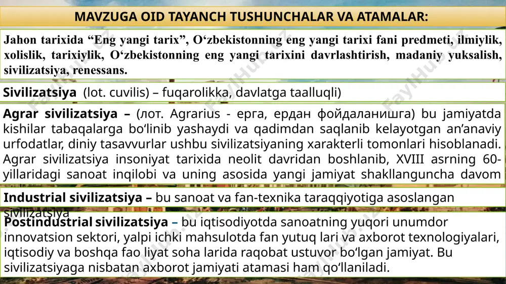 1mln-40 000 yillik) 2) urug`chilik davri (40 000 yillikdan milodiy iv asrlargacha) 3) ilk o`rta asrlar (v- viii asr oxirigacha) 4) o`ra asrlar davri (ix asr-xix asrning birinchi yarmigacha) 5)mustamlaka davri. (xix asr o`rtasidan 1917-yilga qadar) 6) sovetlar davri (1917/1924-1991-yillar) 7) milliy istiqlol davri (1991-yildan bugungi kunga qadar) o‘zbekiston tarixining davrlashtirilishi asqarov a. o`zbek xalqining kelib chiqish tarixi. – toshkent. o`zbekiston, 2015. 69-90-betlar. 9. mustaqil o‘zbekiston davlatchiligi bir necha ming yillik о‘zbek davlatchiligining davomi va vorisi sifatida. salkam uch ming yillik tarixga ega bо‘lgan о‘zbek xalqi davlatchiligining shakllanishi va rivojlanishi shartli ravishda davrlarga bо‘linadi va u quyidagilardan iborat: 1. o‘zbekiston hududining davlatchilikka о‘tish davri (mil. avv. ii ming yillikning о‘rtalari va ikkinchi yarmi); 2. ilk davlat uyushmalari (mil. avv. 1 ming yillikning birinchi yarmi); 3.qadimgi davr davlatchiligi tarixi (mil. avv. iv asr oxiri milodiy iv asr); 4. ilk о‘rta asrlar davlatchiligi tarixi ( v–viii asr о‘rtalarigacha); 5. rivojlangan о‘rta asrlar …