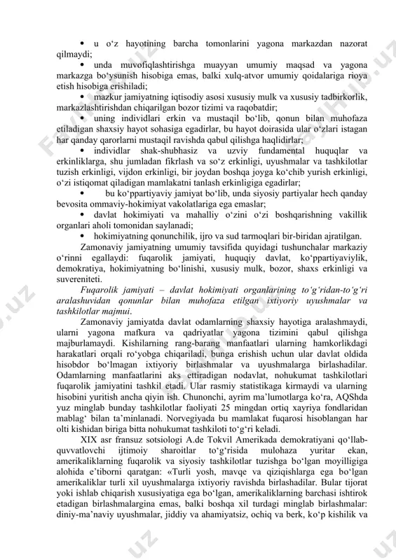 ishi mumkin bо‘lgan. aslida, olingan tajriba yaqin qarindoshlar о‘rtasida nikohning taqiqlanishiga sabab bо‘lgan. bu nikoh aloqalari tizimini tartibga solish, ularni qat’iy qayd etish, ayollar, qizlar, singillarni ayirboshlash, sо‘ngra bu bilan о‘xshashlik bо‘yicha – oziq-ovqat, buyumlar, sо‘z-belgilar ayirboshlashni yо‘lga qо‘yish imkonini bergan. mazkur jarayonlar odamlar о‘rtasida muloqot, munosabatlar va xulq-atvor meyorlari о‘rnatilishi va ularga rioya etish zarurligi anglab yetilishiga turtki bо‘lgan. meyorlarning mustahkamlanishiga mifologik va ilk diniy tasavvurlar hamda taqiqlar tizimi kо‘maklashgan. jamoadan tashqarida yashab qolish imkoniyati mavjud emasligini anglagan jamoaning har bir a’zosi unda о‘rnatilgan kundalik xulq-atvor meyorlariga rioya qilgan. shunday qilib, jamiyat ishlab chiqarish va kо‘payish ehtiyojlari bilan belgilangan odatlar, meyorlar va qadriyatlar bilan tartibga solinadigan odamlarning birgalikdagi faoliyati va ularning о‘rtasidagi о‘zaro munosabatlar tizimi sifatida vujudga kelgan. meyorlar inson hayot faoliyatining barcha sohalariga nisbatan tatbiq etiladi, hamda madaniyat va sivilizatsiya vujudga kelishiga zamin hozirlaydi. jamiyatda qanday о‘zgarishlar yuz bermasin, u odamzot bilan birga vujudga kelgan mazkur muhim tarkibiy …
