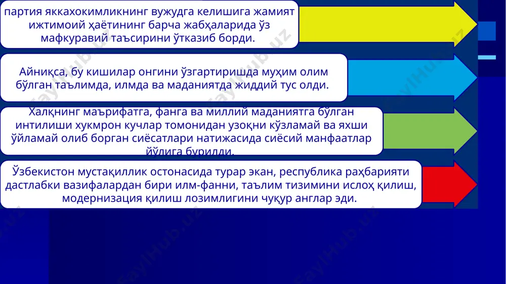sturi «ta’lim to‘g‘risida»gi o‘zbekiston respublikasi qonunning qoidalariga muvofiq holda tayyorlangan bo‘lib, milliy tajribaning tahlili va ta’lim tizimidagi jahon miqyosidagi yutuqlar asosida tayyorlangan hamda yuksak umumiy va kasb-hunar madaniyatiga, ijodiy va ijtimoiy faollikka, ijtimoiy-siyosiy hayotda mustaqil ravishda mo‘ljalni to‘g‘ri ola bilish mahoratiga ega bo‘lgan, istiqbol vazifalarini ilgari surish va hal etishga qodir kadrlarning yangi avlodini shakllantirishga yo‘naltirilgandir. kadrlar tayyorlash milliy modelining tarkibiy qismlari shaxs davlat va jamiyat uzluksiz ta’lim fan ishlab chiqarish kadrlar tayyorlash milliy modeli uzluksiz ta’lim tizimi maktabgacha ta'lim oliy o'quv yurtidan keyingi ta'lim o'rta maxsus, kasb-hunar ta'limi maktabdan tashqari ta'lim oliy ta'lim umumiy o'rta ta'lim kadrlar malakasini oshirish va ularni qayta tayyorlash kadrlar tayyorlash milliy dasturini amalga oshirishning 3 bosqichi i bosqich 1997–2001-yillar dasturni amalga oshirish uchun zarur bo‘lgan huquqiy-me’yoriy, ilmiy-metodik, moliyaviy-moddiy shart sharoitlar yaratildi ii bosqich 2001–2005-yillar milliy dastur keng miqyosda joriy etildi iii bosqich 2005-yildan –h.v. ktmd natijasida erishilgan natijalar, to‘plangan tajribalar umumlashtirilib, ta’lim tizimini takomillashtirilishi …
