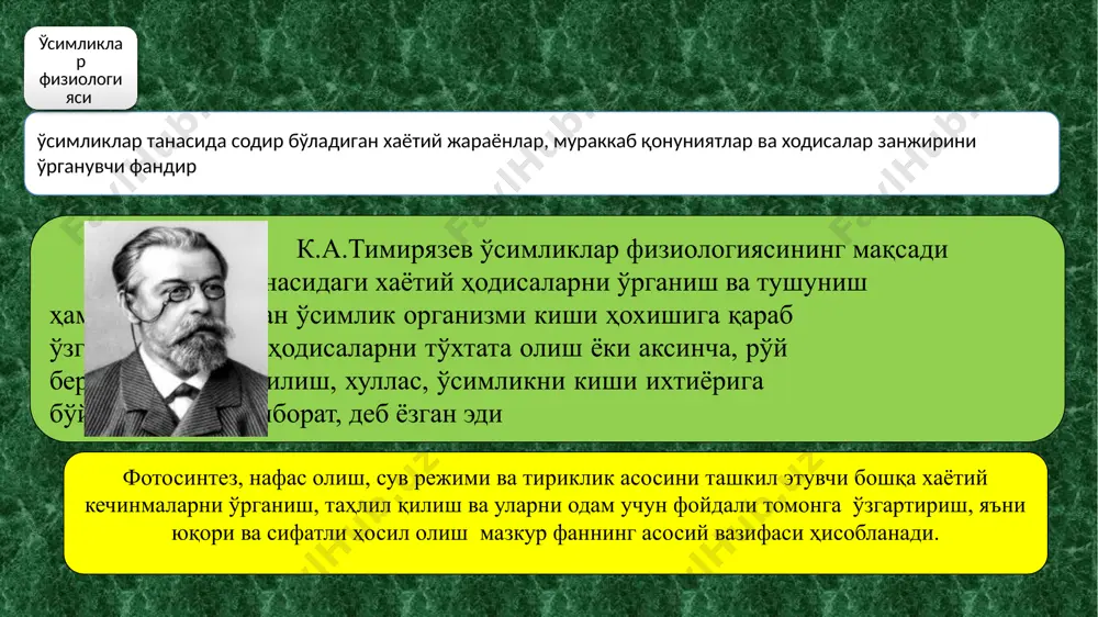 .сказкин, в.и.разумов, б.с.машков, л.и.джабаридзе, в.г.александров, и.в.красовская ва бошқалар) билан биргаликда ўсимликларнинг ноқулай омилларга таъсирига, совуққа чидамлилик физиологияси, ўсиш ва ривожланиш, сунъий ёруғлида ўсиш каби жараёнларнинг назарий асосларини ишлаб чиқди. хх асрнинг биринчи ярмида ўсимликлар физиологияси янада тезроқ ривожланди. мураккаб физиологик жараёнларни биокимё механизмлари ўрганила бошланди. жумладан фотосинтез (м.с.цвет, р.хилл, м.кальвин, р.эмерсон, д.и.арнон, м.д.хетч, к.р.слек ва бошқалар) ва ўсимликларни нафас олиши (в.и.палладин,с.п.костичев, г.а.кребс, г.калькар, в.а.блицер, л.коренберг, п.митчел ва бошқалар). ўсимликларнинг ўсиш ва ривожланиш жараёнларин идора қилувчи моддалар-фитогармонларнинг очилиши ва ўрганилиши жуда катта ютуқ бўлди (н.г.холдний, ф.вент, ф.кегель, м.х.чайлахян, т.ябута, с.скуг, ф.эддиккот ва уоринг ва бошқалар. биринчиси-биокимёвий йўналиш-фотосинтез ва нафас олиш жараёнида ҳосил бўладиган турли хилдаги моддаларнинг функционал аҳамиятини ўрганади. шу билан бирга ўсимликларни тупроқдан озиқланиш қонуниятларини ва турли хилдаги анорганик моддалардан органик моддаларни синтезланиш қонуниятларини очиб беради. иккинчиси биофизик йўналиш - бу ҳужайра энергетикаси ва ўсимлик электрофизиологияси масалаларини, сув режимининг физик-кимёвий қонуниятларини, ўсиш қўзғалиш ҳамда нафас олиш ва фотосинтез масалаларини ўрганади. …
