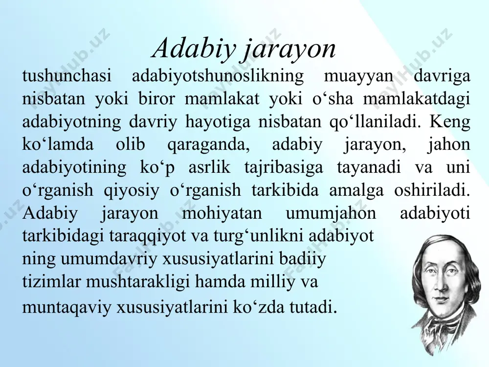 ropa adabiyotlariga ta’siri mumtoz arab poetikasining boshqa islomiy mamlakatlar badiiyatiga ta’siri kuzatilgan. adabiy ta’sir o‘zligini toppish, o‘z yo‘lini asoslash o‘z iste’dodini namoyish qulish vositasidir. adabiy jarayon qonuniyatalari haqida gap ketganda yuqoridagi tilga olingan hodisalarni adabiy jarayon joriylanishi nazarda tutiladi va shular bilan bir qatorda adbiy muhit adabiy maktab kabi ijodiy “muassasalar” ning vujudga kelishi adabiy jarayondagi qonuniy holatdir. adabiy muhit-ijodiy shart-sharoitlar hozirlangan ijodkorning kamol topishi uchun xizmat qilgan adabiy davra, majlis, maktablarni tashkil qiladi. muhit muayyan bir o‘rinda (zamon-makon) mavjud bo‘ladi, shakllanadi, taraqqiy topadi va tanazzulga uchraydi. masalan mumtoz adabiyotdagi eng taraqqiy etgan muhit haqida so‘z ketganda “hirot” adabiy maktabi, “qo‘qon” (umarxon) maktabi, xiva (feruz) adabiy maktabi kabilar misol tariqasida keltiriladi. professor fitrat o‘zbek adabiyoti tarixidagi 3 adabiy maktabni ajratib ko‘rsatgan: yassaviy, navoiy, amiriy maktablari. savol va topshiriqlar: 1. hayotni badiiy aks ettirish prinsiplari dеganda nimani tushunasiz? rеalistik va norеalistik prinsiplarni farqlang. 2. “mеtod” atamasiga izoh bеring. badiiy mеtod nima …