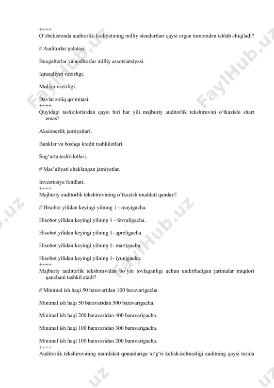 matlariga xos? buxgalteriya hisobini yo‘lga qo‘yish, qayta tiklash va yuritish buxgalteriya hisobi, soliqqa tortish, rejalashtirish, menedjment va moliya-xo‘jalik faoliyatining boshqa masalalari yuzasidan konsalting xizmati. soliqlar va boshqa majburiy to‘lovlar bo‘yicha hisob-kitoblar va deklaratsiyalarni tuzish. milliy moliyaviy hisobotni buxgalteriya hisobi xalqaro standartlariga o‘tkazish. # yuqoridagi barcha javoblar to‘g‘ri. ++++ auditorlik tekshiruvi ko‘rsatkichlar samaradorligi va unumdorligi bo‘yicha o‘tkazilishi auditning qaysi turida ko‘rib o‘tiladi? operatsion audit. mos keluvchanlik auditi. moliyaviy hisobotlar auditi. majburiy audit. # tashabbuskorlik tarzidagi audit. ++++ tasdiqlovchi auditda asosiy e’tibor nimaga qaratiladi? # hisob registrlari va hujjatlar tekshiriladi. muomala (operatsiya)larni nazorat qilish sistemasini kuzatish imkoniyati yaratiladi sistemani nazorat qiluvchi shaxslar tomonidan qabul qilingan boshqaruv qarorlariga baho beriladi. yuqoridagilarning barchasi. b, c. ++++ maqsadli sistemali auditning asosiy mohiyati nimada namoyon bo‘ladi? hisob registrlari va hujjatlar tekshiriladi. muomala (operatsiya)larni nazorat qilish sistemasini kuzatish imkoniyati yaratiladi # sistemani nazorat qiluvchi shaxslar tomonidan qabul qilingan boshqaruv qarorlariga baho beriladi. yuqoridagilarning barchasi. a va b. …