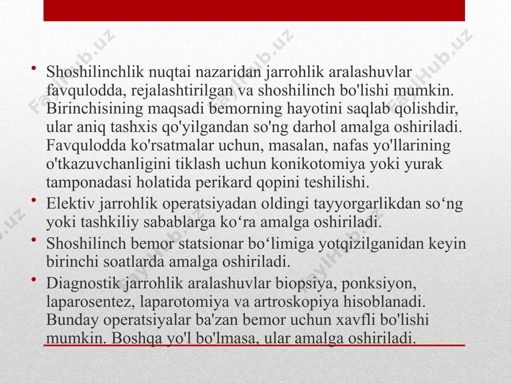 h joyini beradi. sizda qon olingan bo'lishi mumkin va agar kerak bo'lsa, davolanishdan oldin sog'lig'ingiz uchun ma'lum bo'lgan dori-darmonlarni qabul qilishingiz yoki sizni tinchlantirishingiz mumkin. ehtimol, siz or-ga borishdan oldin behushlik provayderingiz va ehtimol jarrohingiz bilan uchrashasiz. sizning protsedurangizga qadar har qanday so'nggi daqiqadagi savollarga javob va tashvishlarni hal qilish mumkin. jarrohlikdan oldin nima qilish kerak shuningdek, nomi bilan tanilgan: operatsiya oldidan, operatsiyadan oldin, operatsiya oldidan, operatsiya oldidan, umumiy xatolar: priop, preopp, operatsiya oldidan, preopperative, bemorni operatsiyaga tayyorlash bemorni operatsiyaga tayyorlash murakkab jarayondir, chunki asabi o‘ta mustahkam odam ham operatsiyadan hayiqishi mumkin. bemorni operatsiyaga nafaqat tibbiy ko‘rsatmalarni e’tiborga olgan holda, balki psixologik nuqtai nazardan ham tayyorlash zarur. «hammasi yaxshi bo‘ladi, qo‘rqmang» degan an’anaviy iboralar bemorni hamma vaqt ham qoniqtiravermaydi. jarroh dastlab bemordagi qo‘rquvni bartaraf qilishga harakat qilishi lozim, operatsiyaga va o‘ziga ishonch tug‘dira olishi kerak. ayniqsa, bu so‘zlar jarrohlik kasbini egallab, endigina amaliyotga kirib kelayotgan yoshlar uchun o‘ta zarur. boshqa …