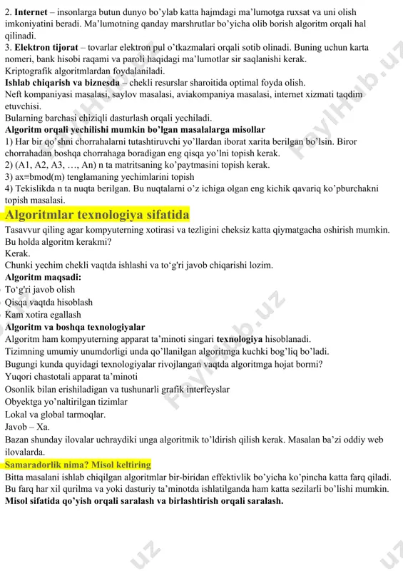tmlar.agar hisoblash jarayoni biror bir berilgan shartning bajarilishiga qarab turli tarmoqlar bo‘yicha davom ettirilsa va hisoblash jarayonida har bir tarmoq faqat bir marta bajarilsa, bunday hisoblash jarayonlariga tarmoqlanuvchi algoritmlar deyiladi. tarmoqlanuvchi algoritmlar uchun ayri strukturasi ishlatiladi. tarmoqlanuvchi strukturasi berilgan shartning bajarilishiga qarab ko‘rsatilgan tarmoqdan faqat bittasining bajarilishini ta’minlaydi.b amal p shart shart ha yo’q a amal berilgan shart romb orqali ifodalanadi, p-berilgan shart. agar shart bajarilsa, "ha" tarmoq bo‘yicha a amal, shart bajarilmasa "yo‘q" tarmoq bo‘yicha b amal bajariladi. takrorlanuvchi algoritmlar .agar biror masalani yechish uchun tuzilgan zarur bo‘lgan amallar ketma-ketligining ma’lum bir qismi biror parametrga bog‘liq ko‘p marta qayta bajarilsa, bunday algoritm takrorlanuvchi algoritm yoki siklik algoritmlar deyiladi. takrorlanuvchi algoritmlarga tipik misol sifatida odatda qatorlarning yig‘indisi yoki ko‘patmasini hisoblash jarayonlarini qarash mumkin. 2. eng dastlabki algoritmga misollar keltiring. algoritm qandaydir natijaga erishish uchun bajariladigan amallarning tartibi(ketma-ketligi) ni tavsiflovchi yo’riqnomalar to’plami. algoritm bajaruvchisi odatda kompyuter bo’ladi. lekin algoritm tushunchasi faqat …
