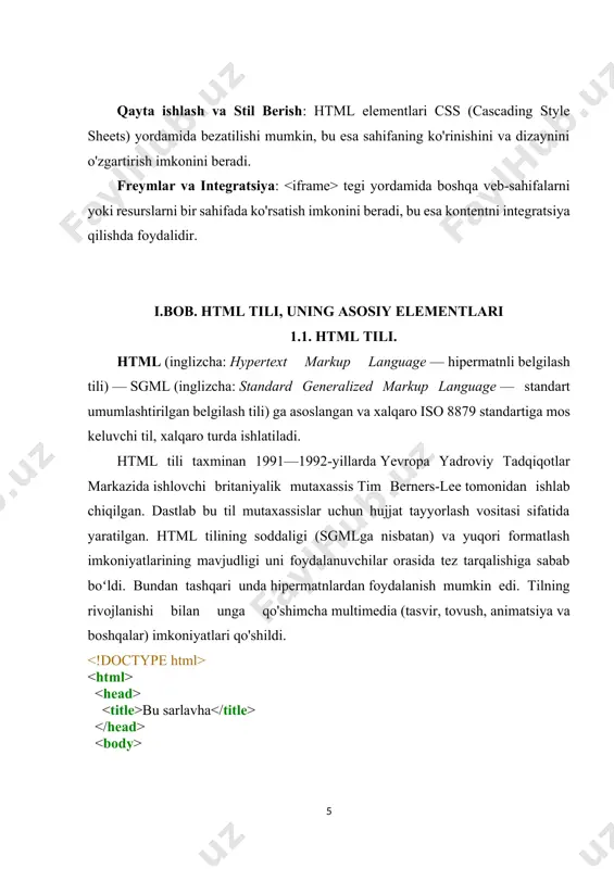 ari mavjud bo’lib, xaligacha rivojlanib kelmokda, lekin html konstruktciyasi keyinchalik ham ishlatiladi. htmlni chukurrok urganib, urganish davomida hujjat yaratish va uni imkoni boricha kengaytirish orqali biz web-sahifa yaratish imkoniga ega bulamiz. bu web-sahifalarni hozir ham, keyinchalik ham ko’pgina web- brauzerlarida kurish mumkin bo’ladi. bu boshqa metodlardan foydalanmaslik kerakligini anglatmaydi, masalan, netscape navigator , internet explorer va boshqa dasturlar taklif qilayotgan kengaytirilgan imkoniyatlar metodi. htmlda ishlash – bu standartlashtirilgan tilda, agar kerak bulsa kengaytirishlardan foydalangan holda hujjat yaratish asoslarini uzlashtirish usulidir. html world wide web consortiumda ratifitciya qilingan. uni bir necha keng tarkalgan brauzerlar qo’llaydi va webga taalluqli dastur ta`minotining aylanishi mumkin. butun dunyo o’rgimchagi to’ri – world wide web (www) html gipermatn bog’lanish tili yordamida tuzilgan web-sahifalardan iborat html ancha murakkab til (standart generalived marnup language) sgmlning hisoblanadi. ananaviy tushuncha bo’yicha html butunlay dasturlash tili hisoblanmaydi. html–hujjatni belgilash tili. html–hujjatni tadqiq qilishda matnli hujjatlar teg(tag)lar bilan belgilanadi. ular maxsus burchakli …