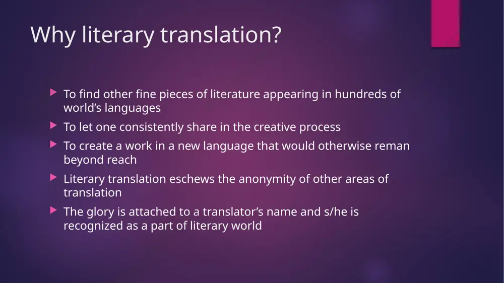 fluency, its modernity and its ability to communicate to the reader in a contemporary voice. thus, major works of literature must be retranslated periodically if they are to retain their function as a bridge between cultures and eras. today’s translations, however good they may be, they will at some future date become obsolete. the choice made by an earlier translator, then, is no longer obtains and we must choose again. example: bible suffer little children … to come unto me. (matthew 19:14) misunderstanding the word ‘suffer’ which at the time of king james version meant ‘allow’, made some interpret this as ‘a call to inflict regular beatings on children so they may come to jesus’. getting started a swimmer swims, a translator translates one becomes a swimmer by plunging into the water, not by reading about it; so, you must translate sth to become a translator. how many languages should …